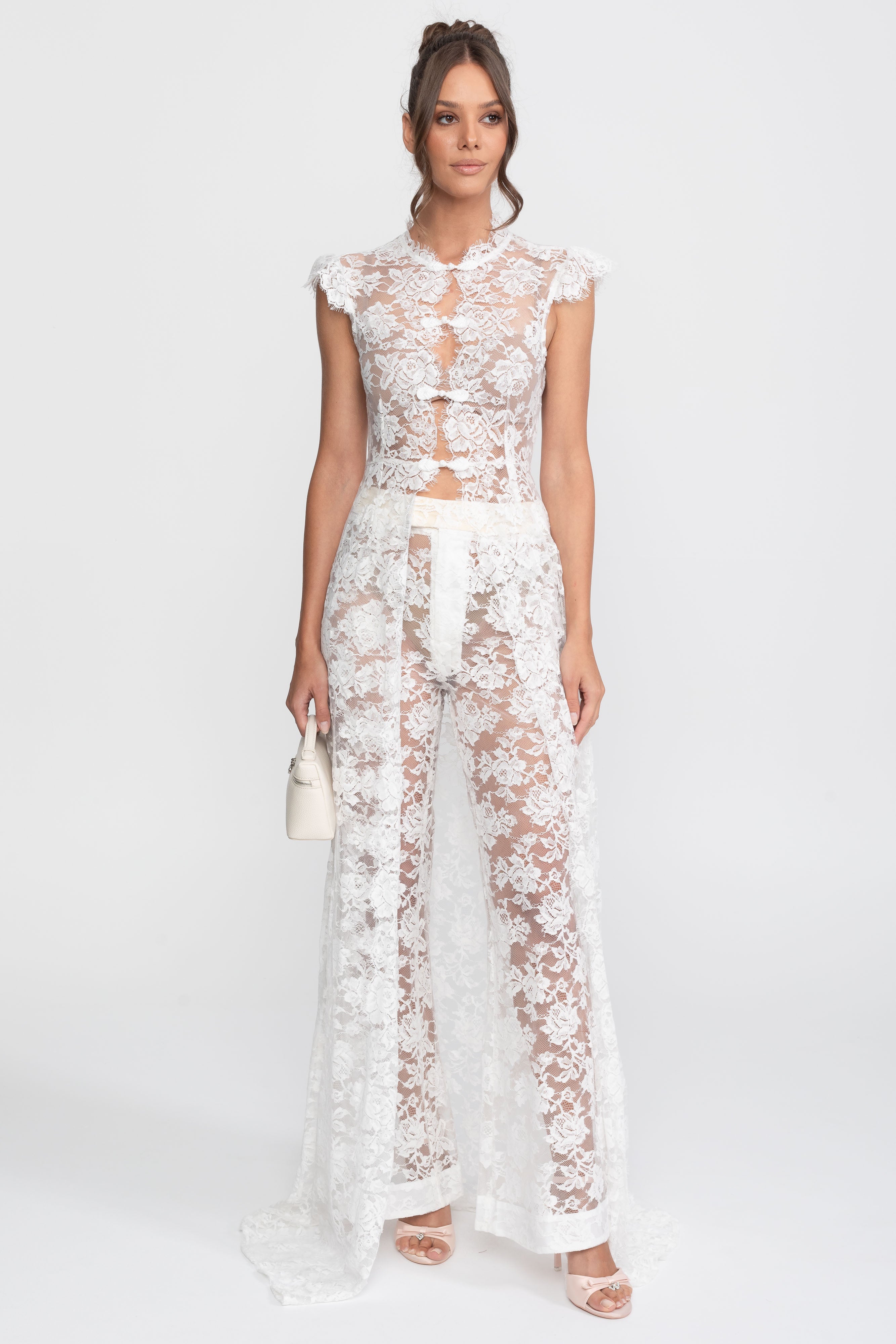 Ensemble top en dentelle transparente et pantalon palazzo avec panneau traînant - Blanc