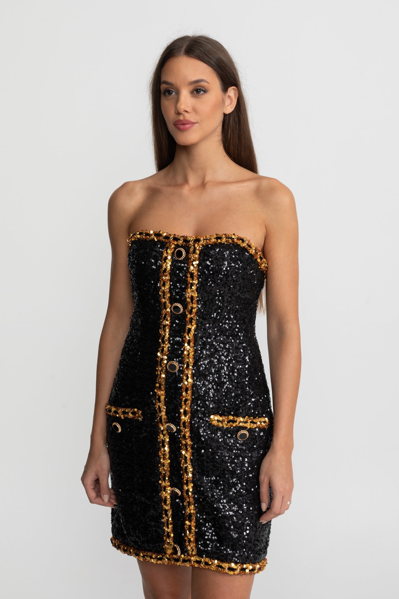 Robe Mini Bustier à Sequins avec Détail de Chaîne – Noir