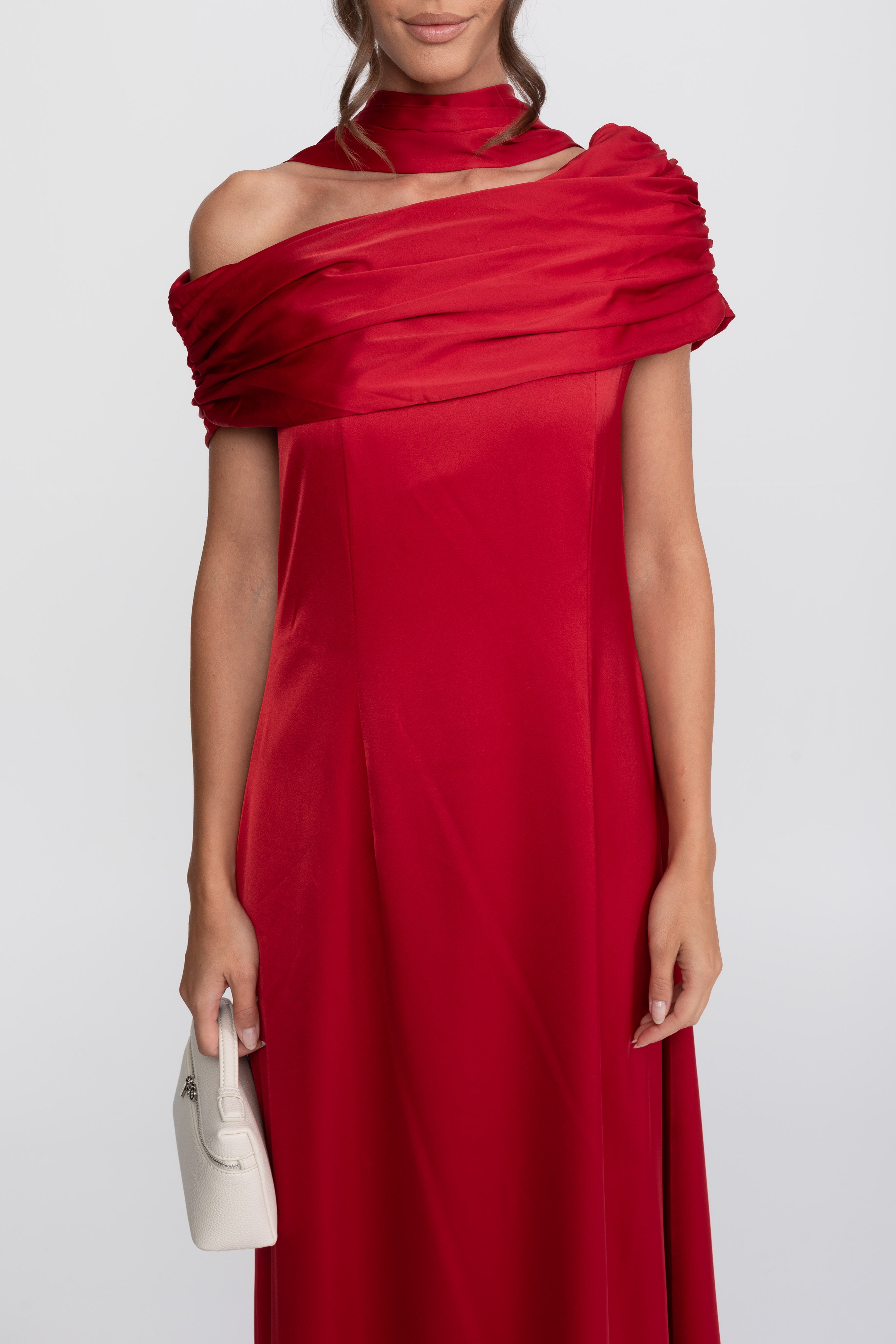 One-Shoulder Draped Satin Gown With Ruched Wrap - Red