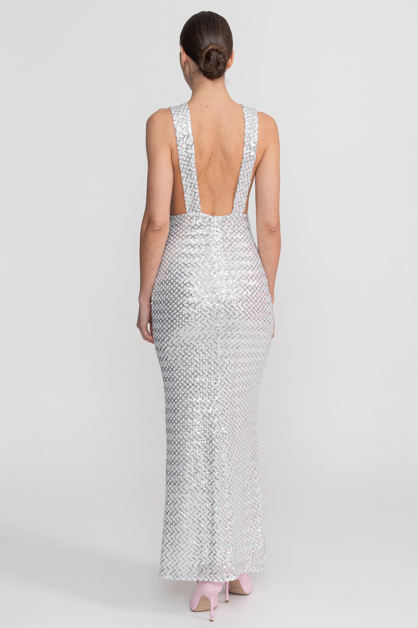 Robe Maxi à Sequins avec Détail Nœud en Satin - Gris Clair