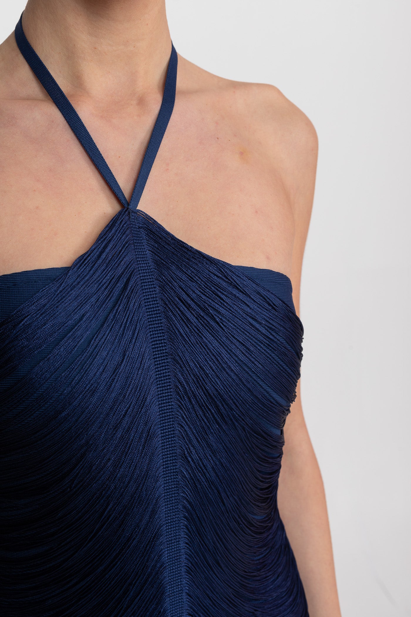 Robe Midi à Col Licou avec Texture Plissée Intégrale - Bleu