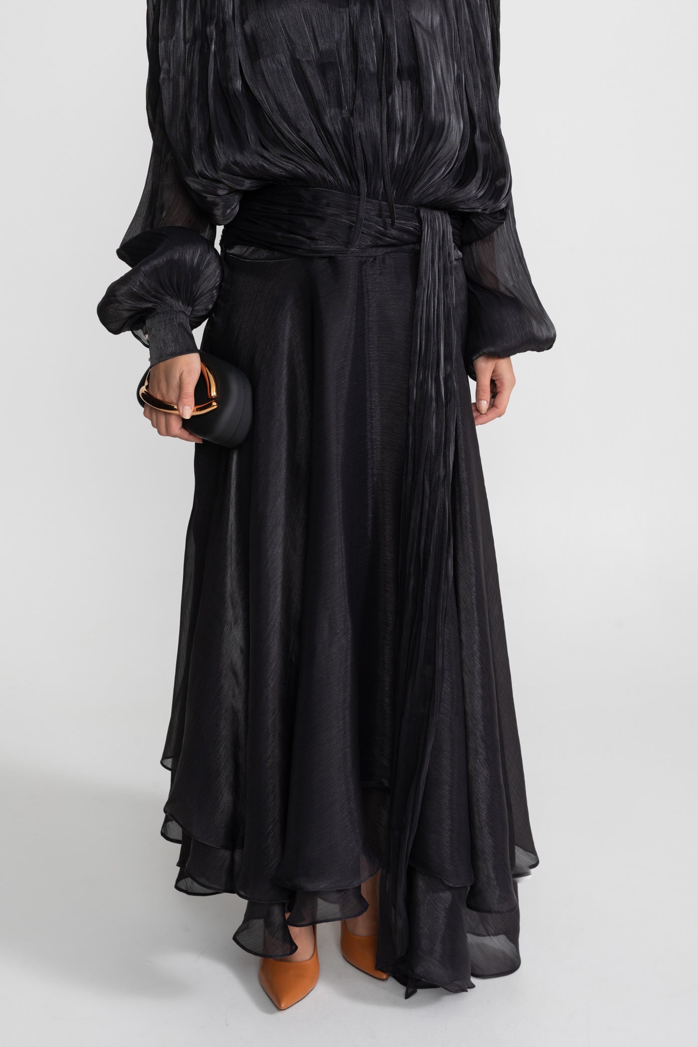 Robe Maxi avec corsage plissé et jupe drapée - Noir