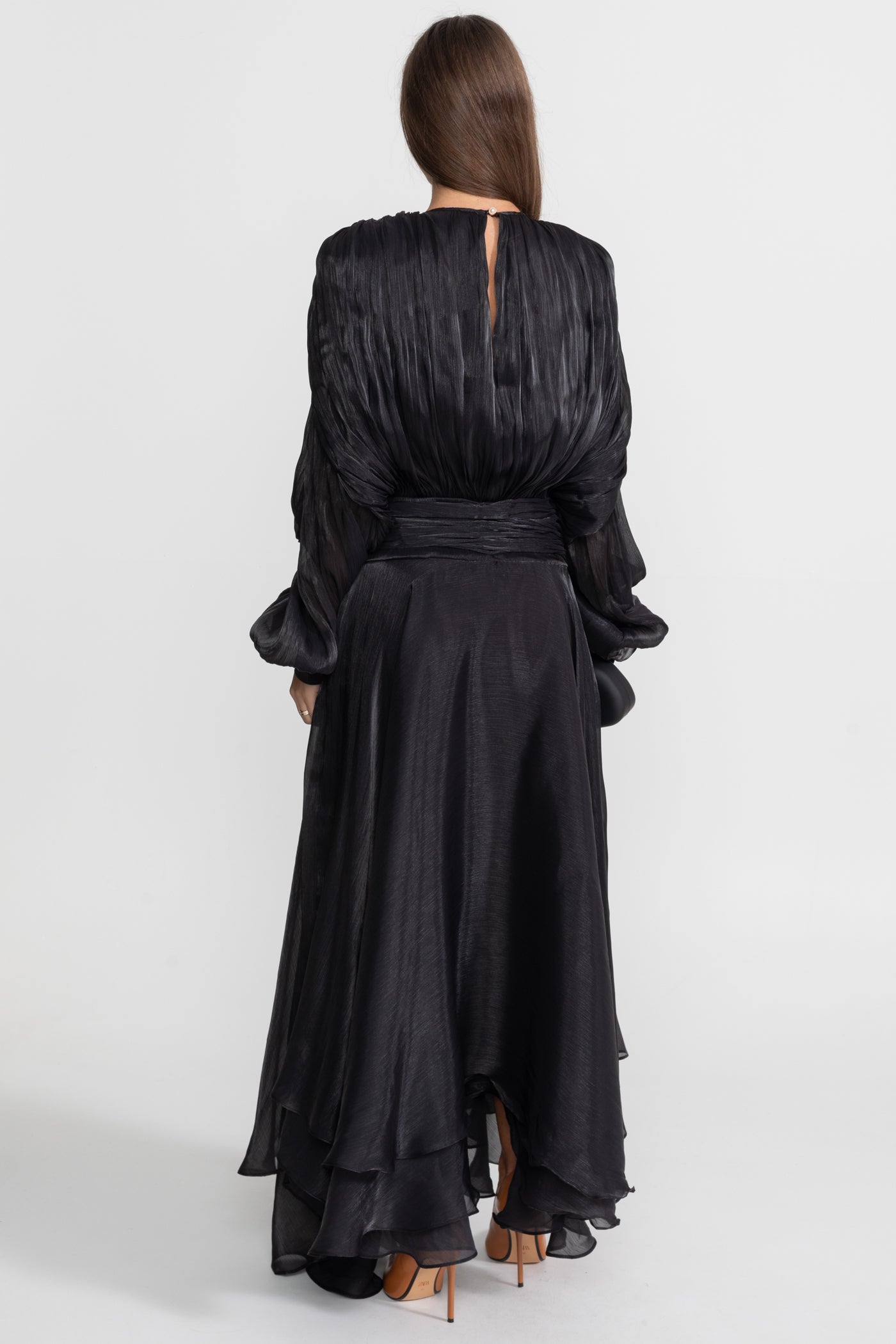 Robe Maxi avec corsage plissé et jupe drapée - Noir