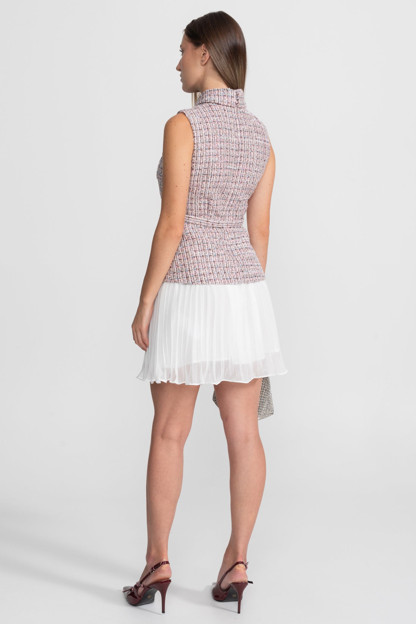 Robe-veston en tweed avec détail jupe plissée - Rose/Blanc
