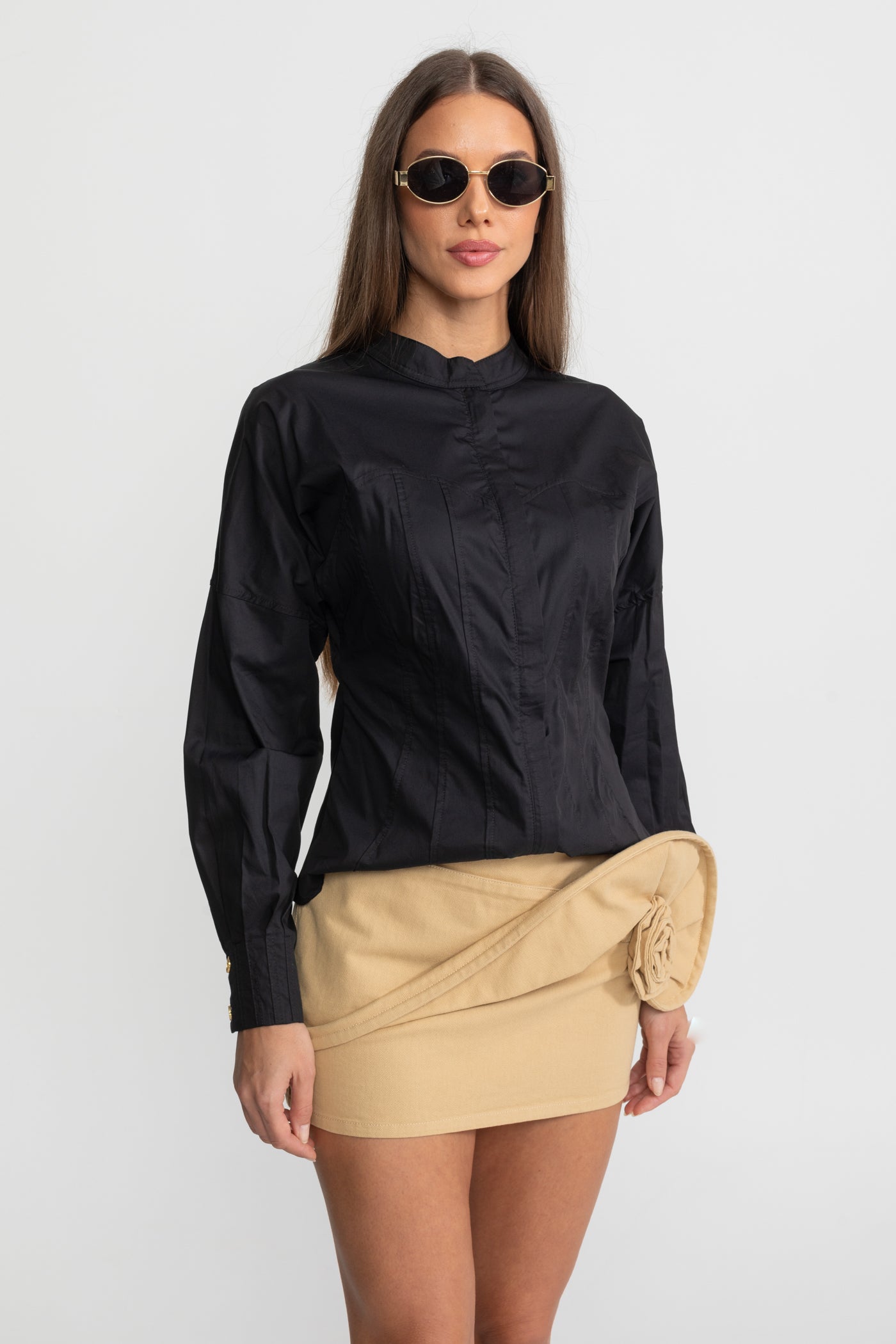 Structured Cotton Poplin Shirt With Corset Stitch Detailing – Black