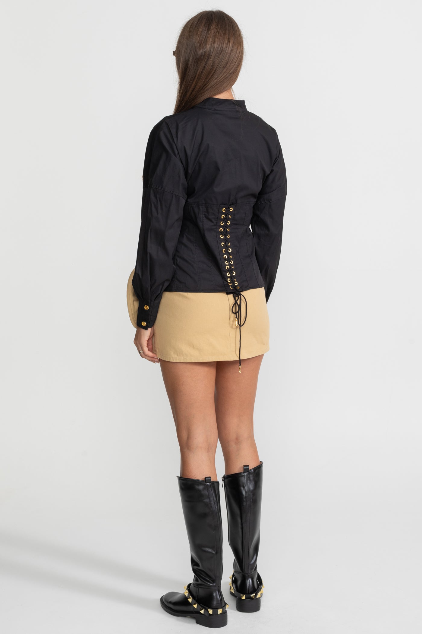 Structured Cotton Poplin Shirt With Corset Stitch Detailing – Black