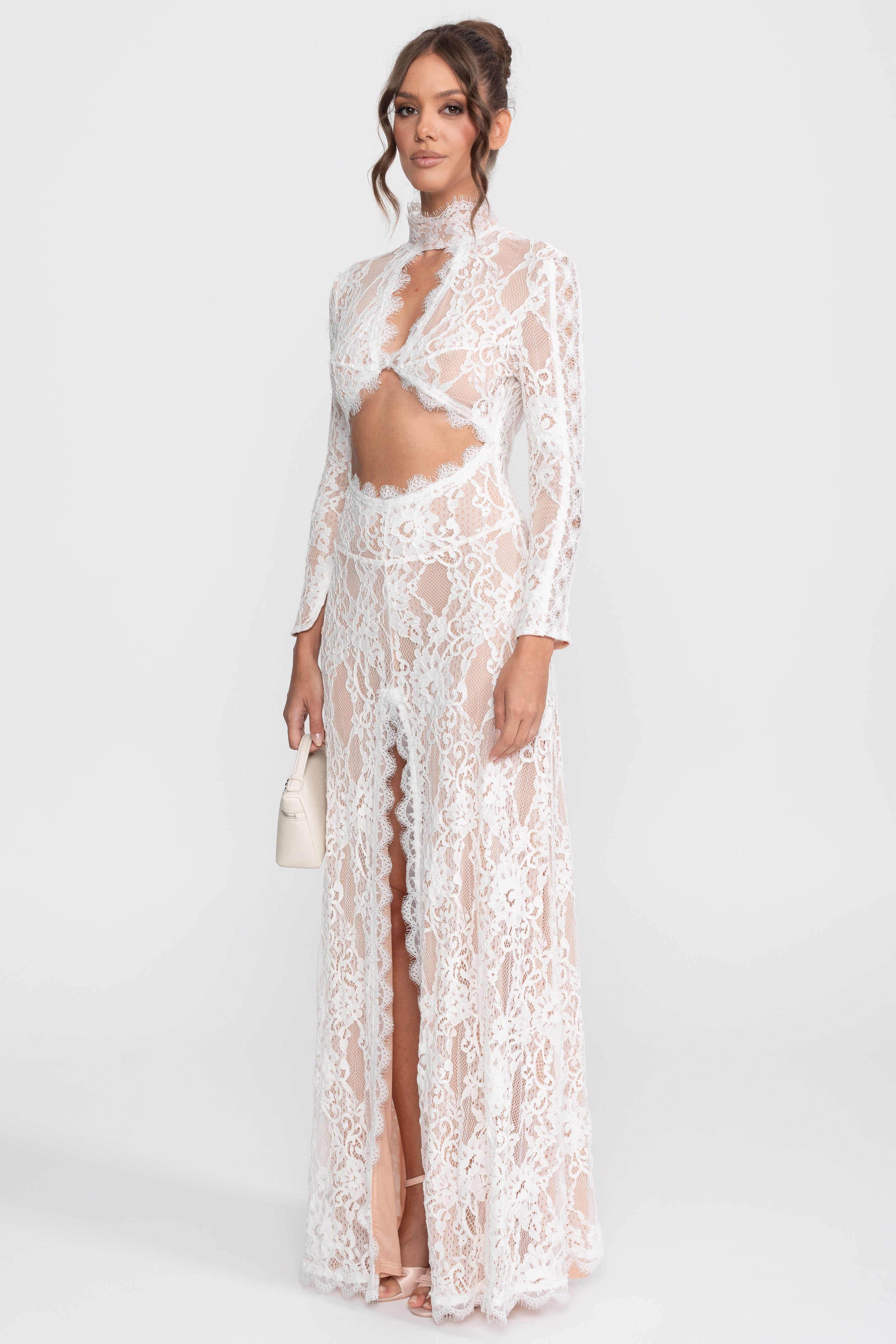 Elegant Lace Gown With High Neck, Front Cutout And Slit - White