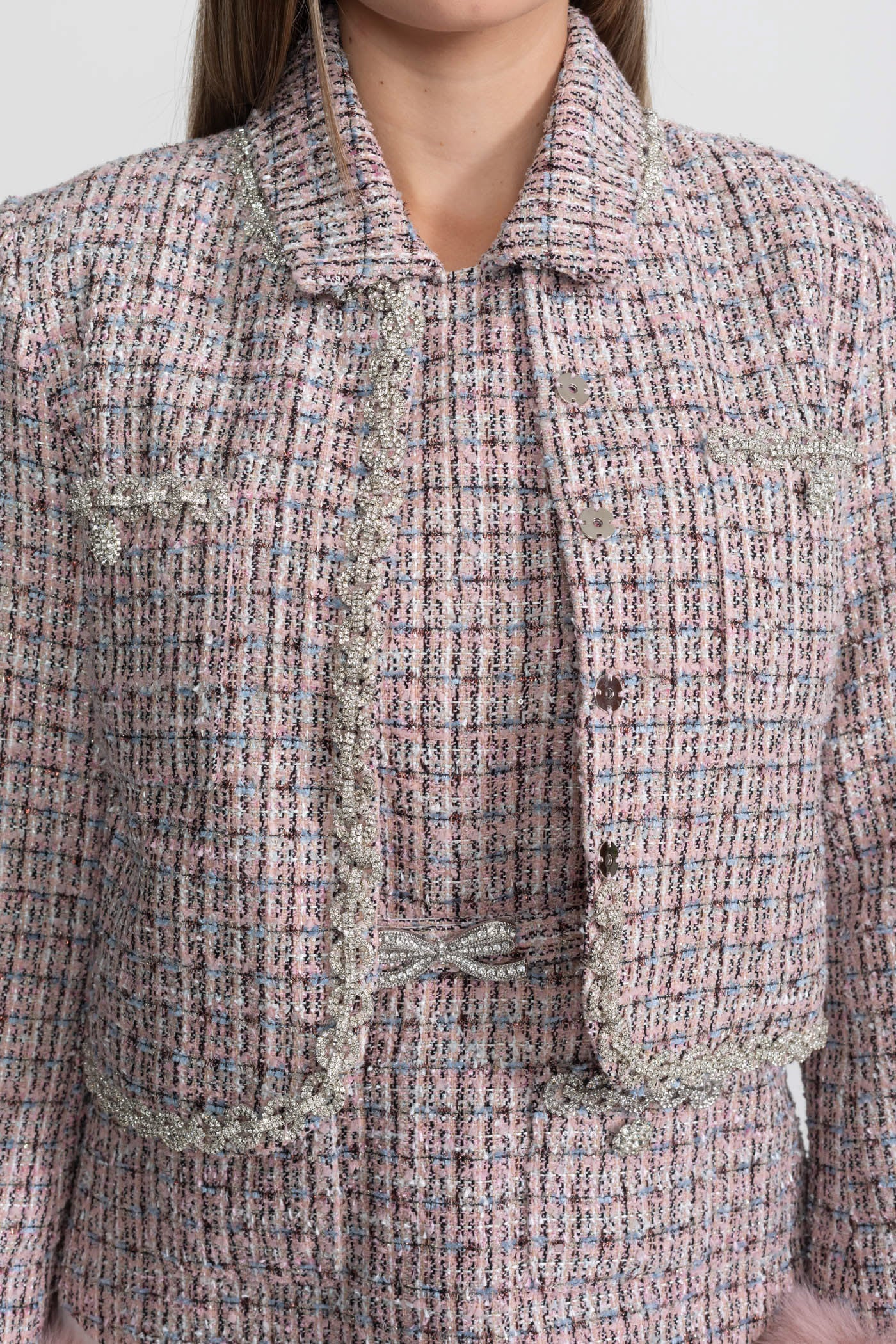 Tweed Cropped Jacket with Faux Fur Cuffs - Pink