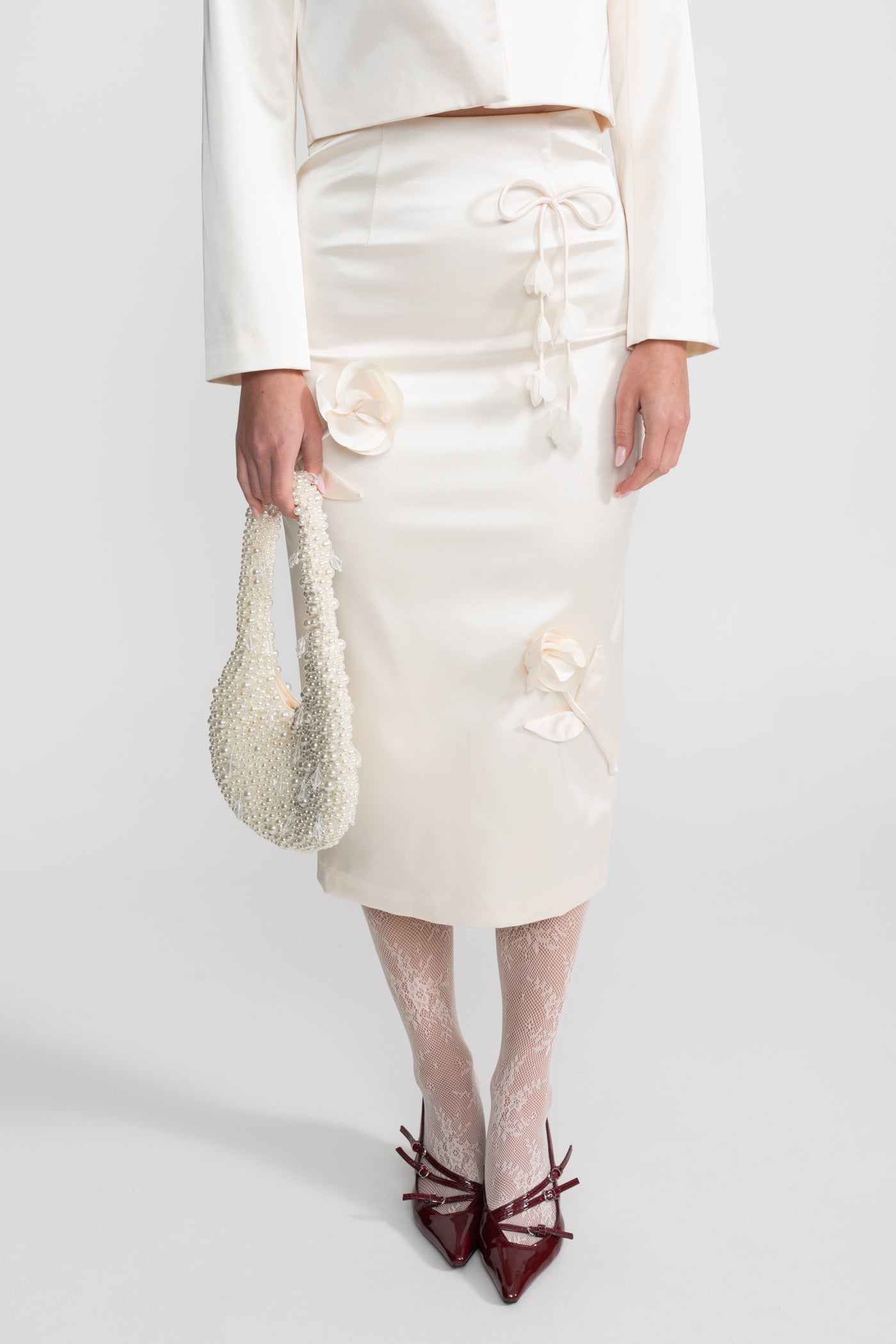 Taffeta Pencil Skirt with Bow and Floral Details - Ivoire