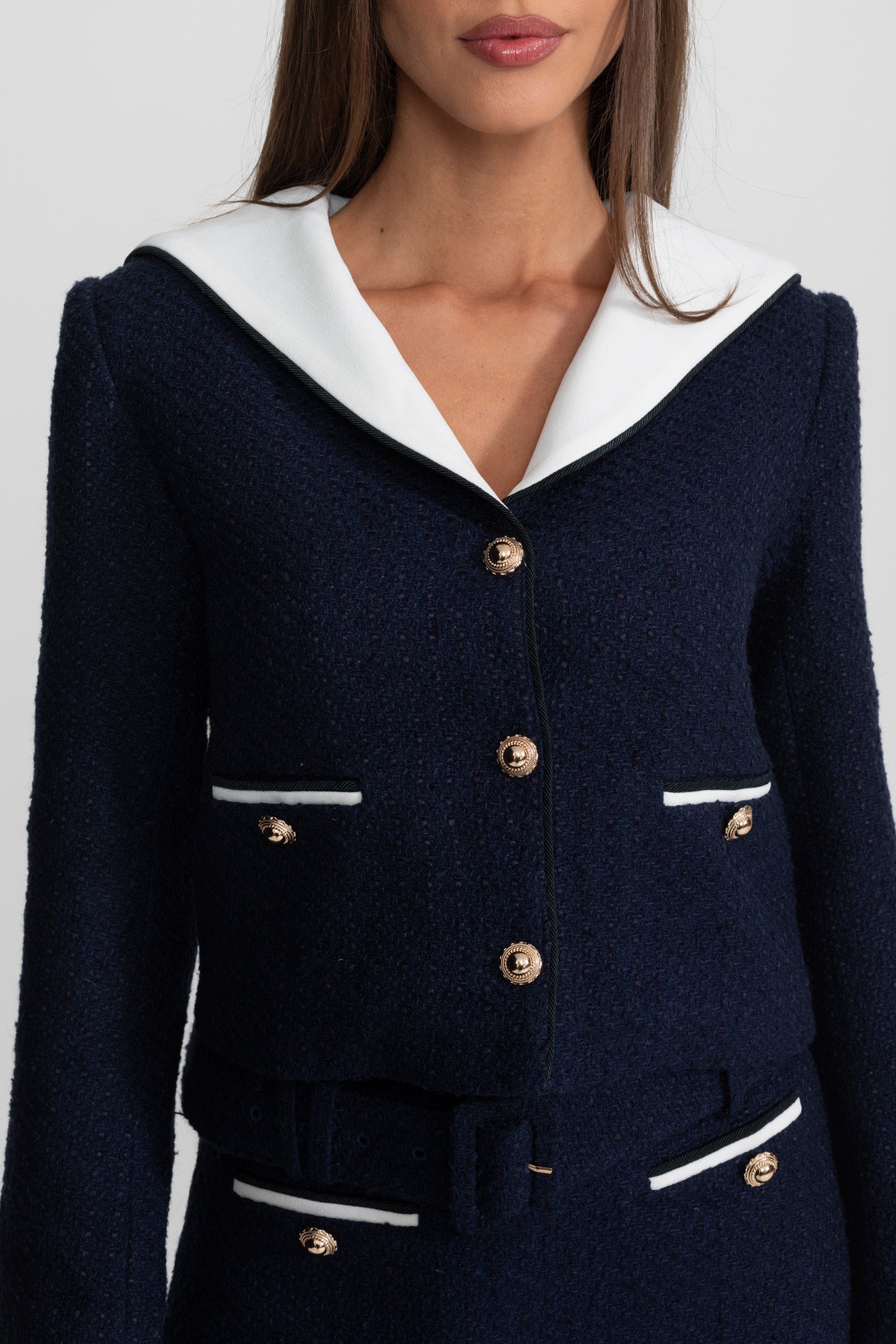 Veste Courte en Tweed avec Col Contrasté - Navy