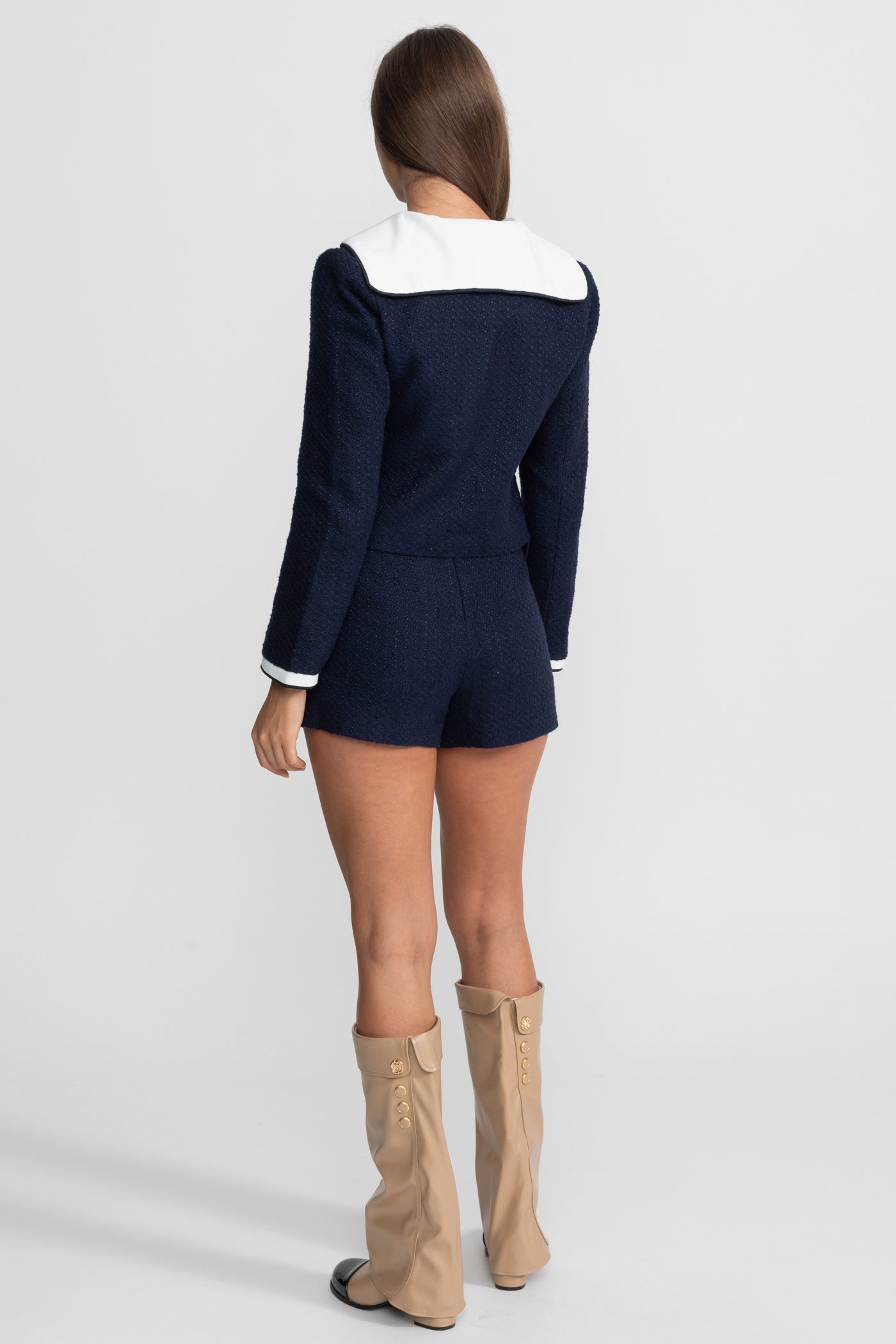 Veste Courte en Tweed avec Col Contrasté - Navy