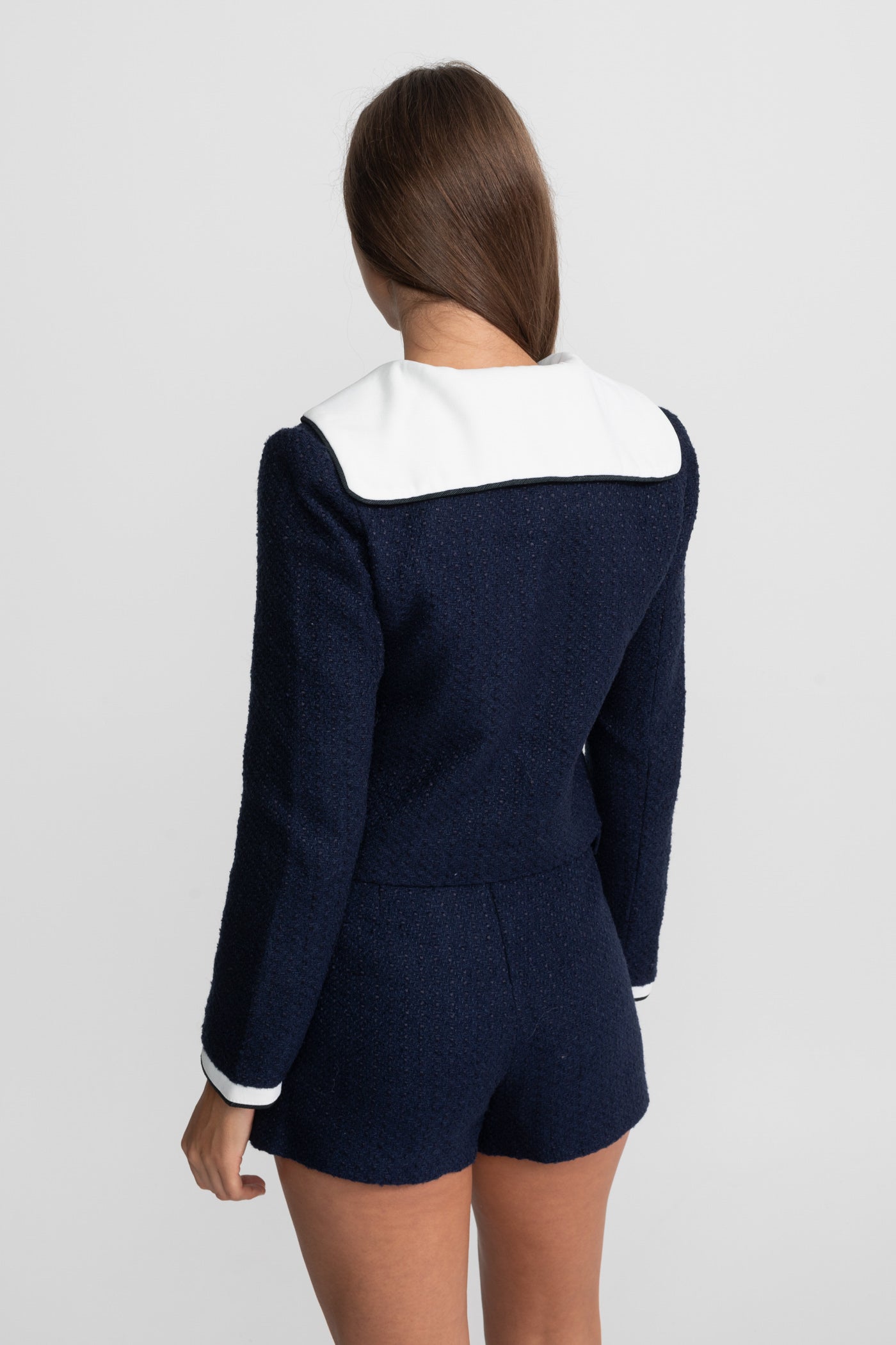 Jupe Mini en Tweed ceinturée avec Poches Contrastantes - Navy