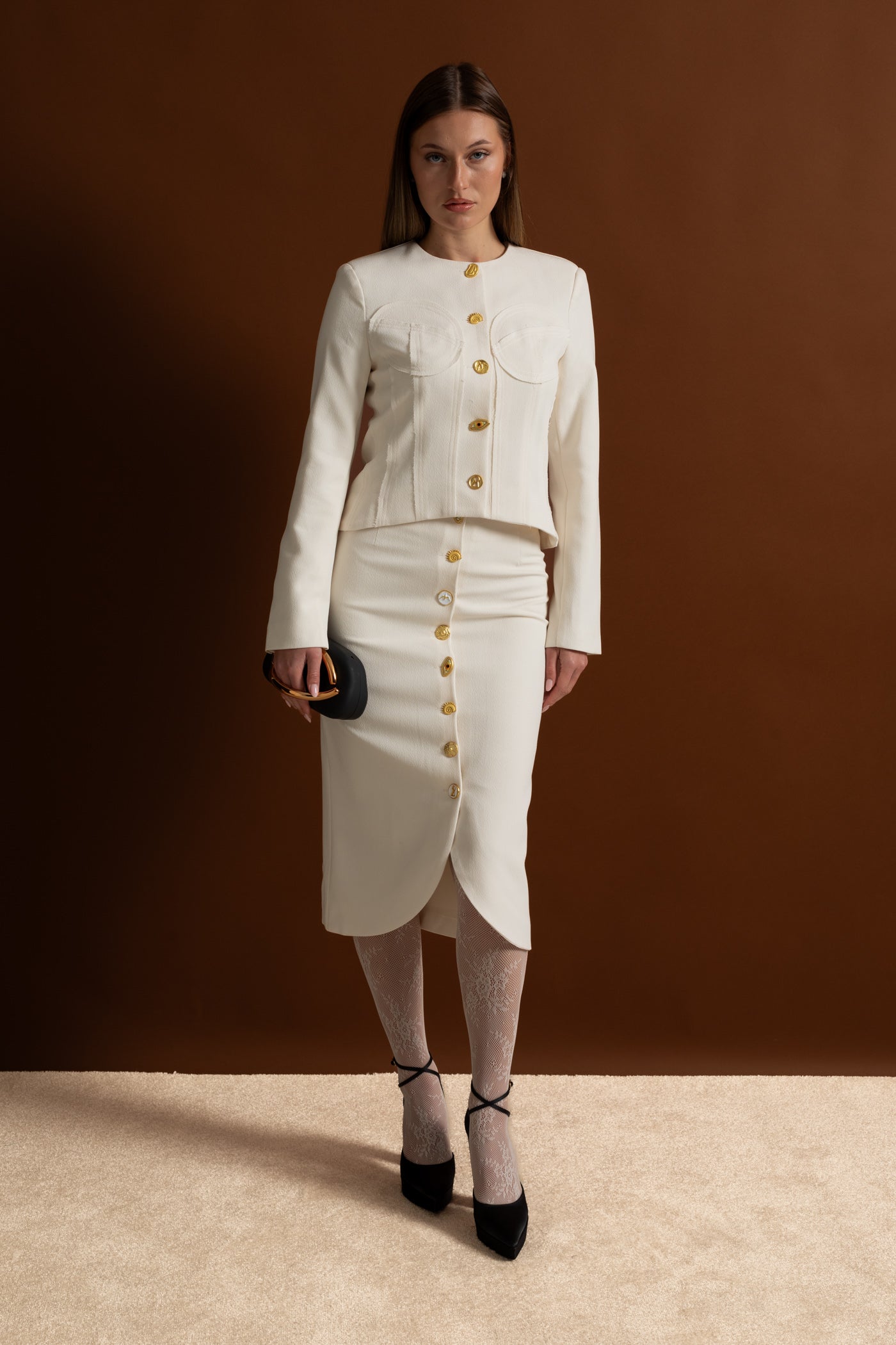 Co-ord Set with Statement Gold Buttons - White