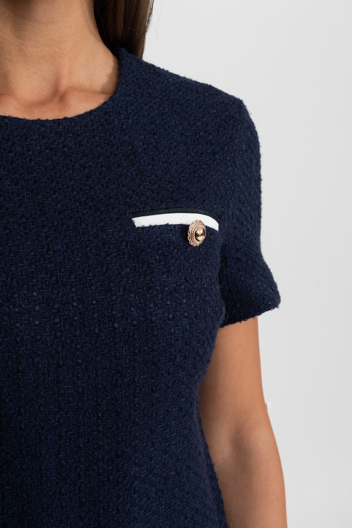 Robe Mini en Tweed Ceinturée avec Poches Contrastées - Bleu Marine