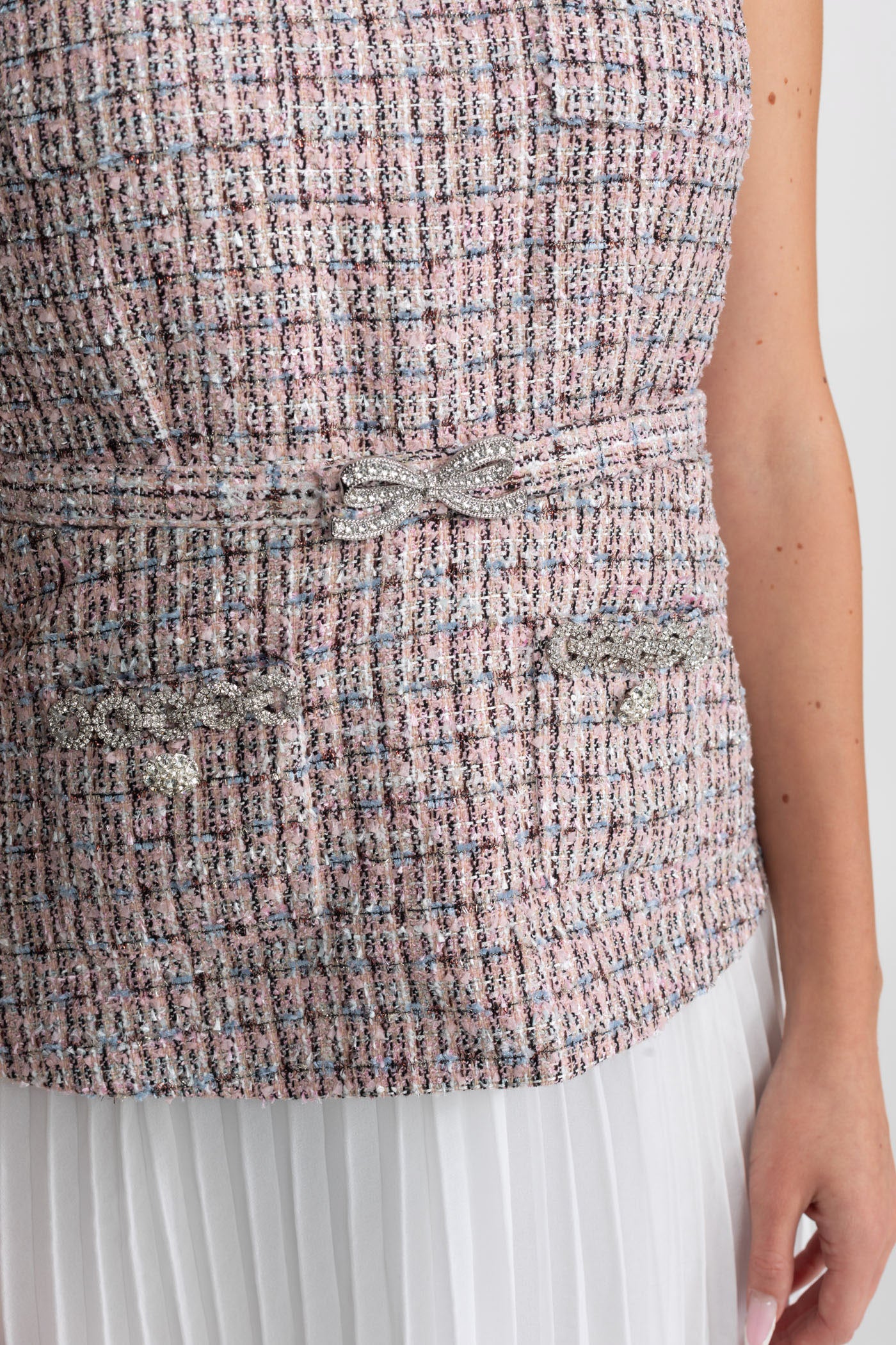 Robe-veston en tweed avec détail jupe plissée - Rose/Blanc