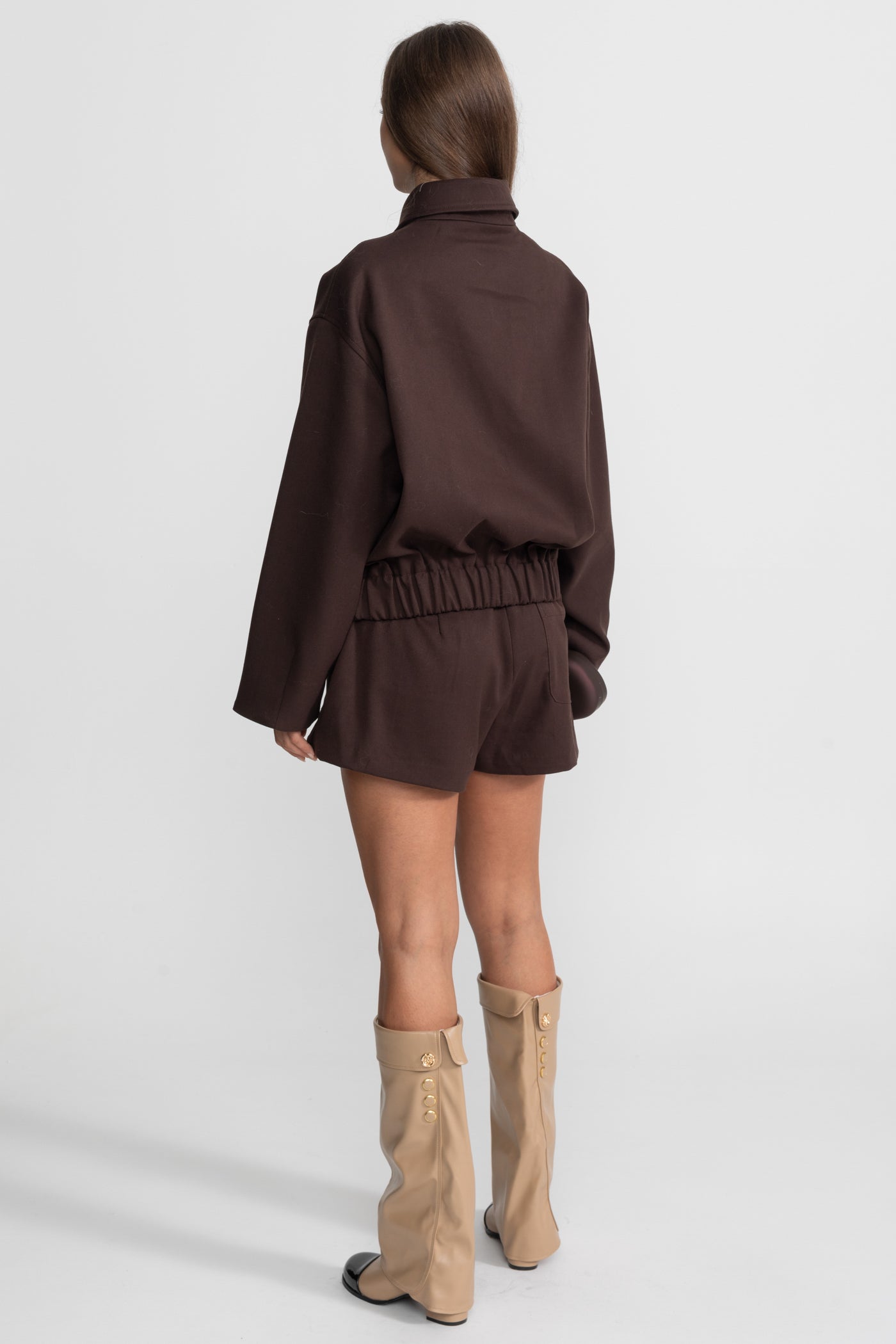 Ensemble coordonné avec veste utilitaire zippée et short assorti - Marron