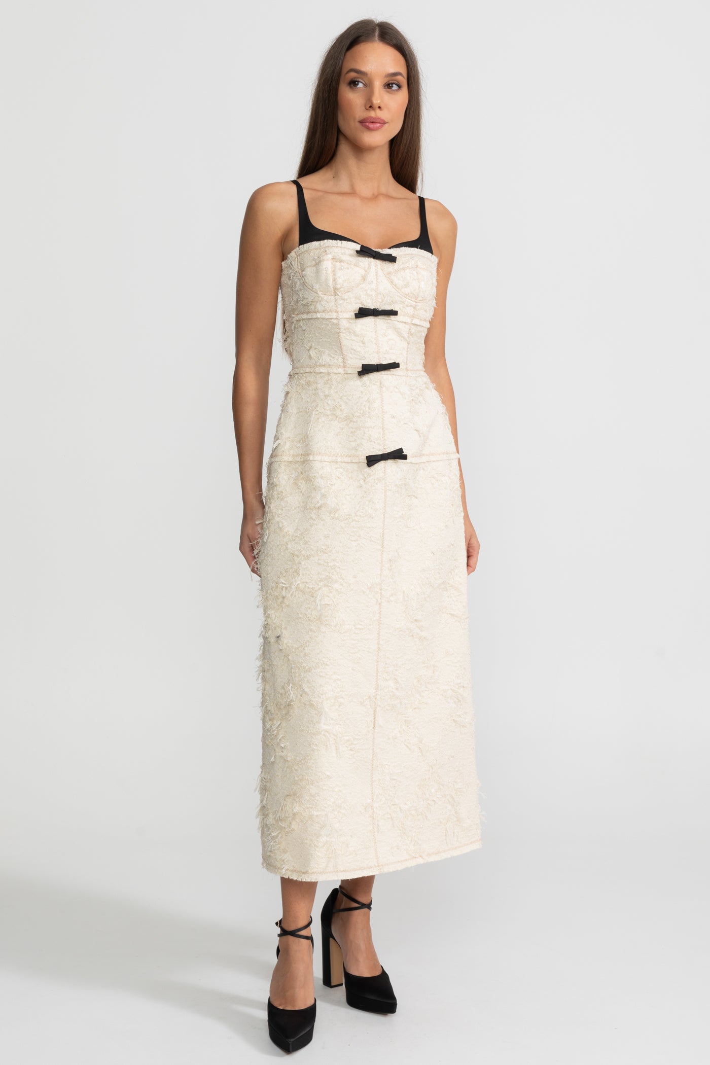 Textured Tweed Midi Dress With Contrast Straps and Bow Detailing – Ivoire