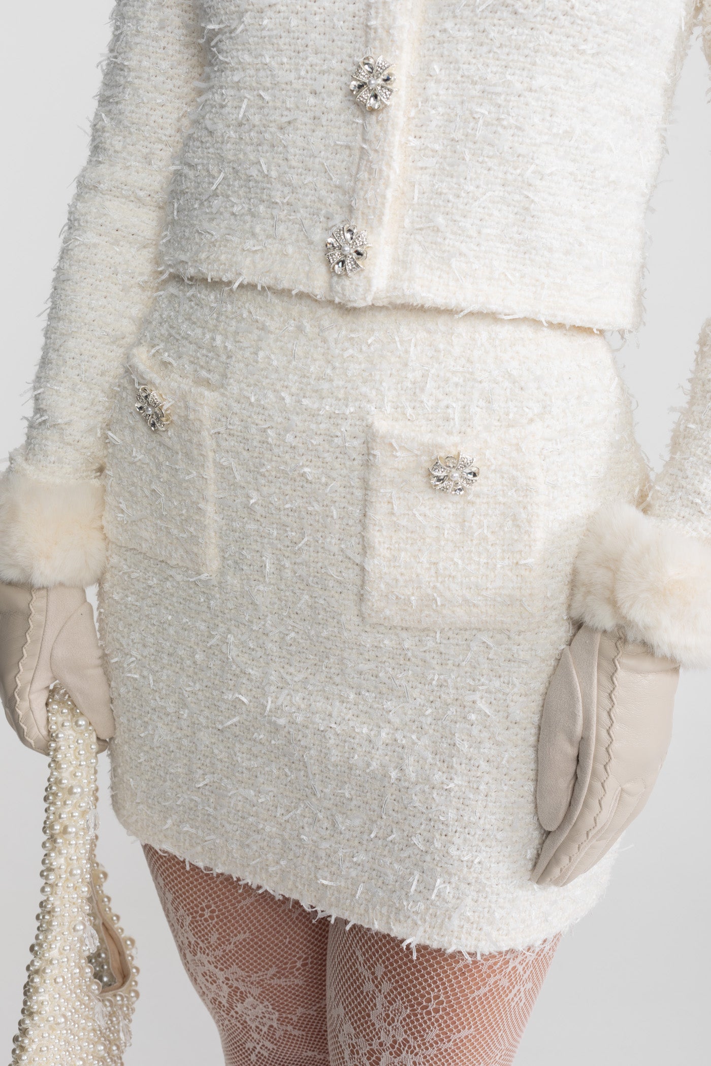 Tweed Mini Skirt With Crystal Buttons - White