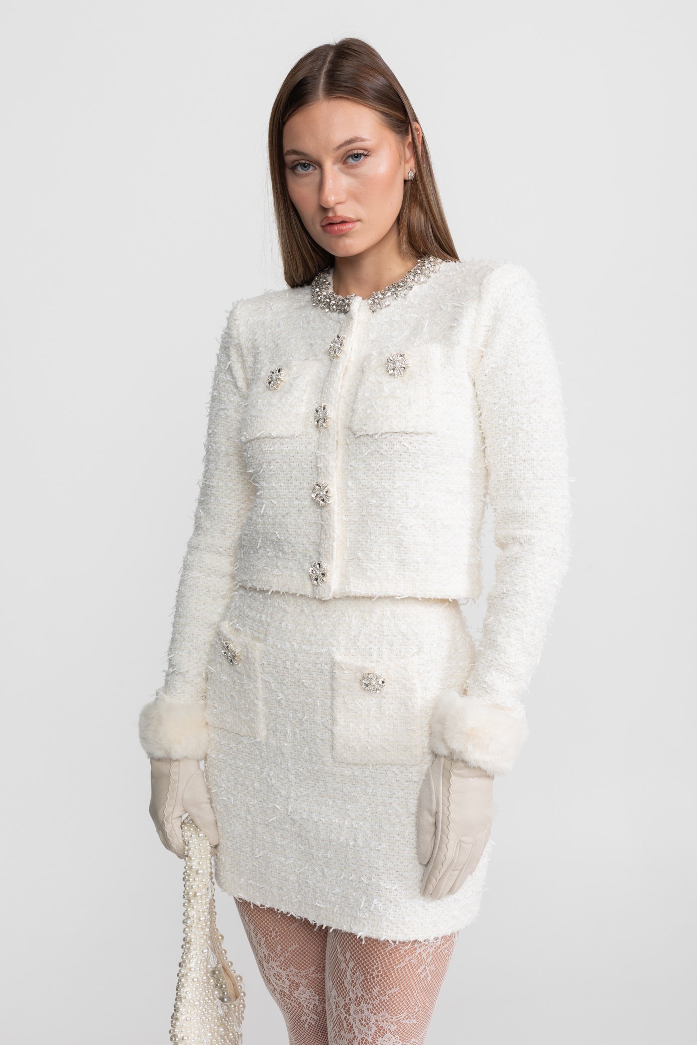 Blazer en tweed orné de cristaux et boutons - Blanc