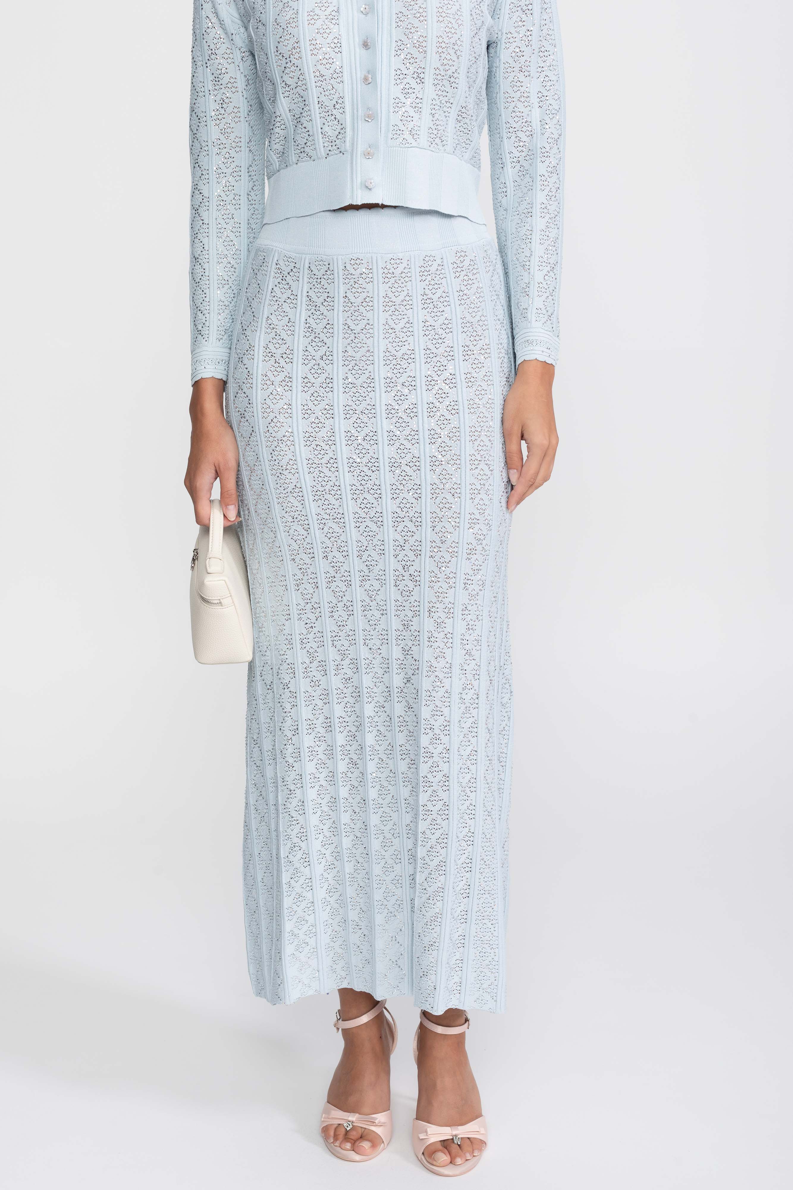 Ensemble coordonné en maille ajourée avec cardigan et jupe longue - Bleu clair