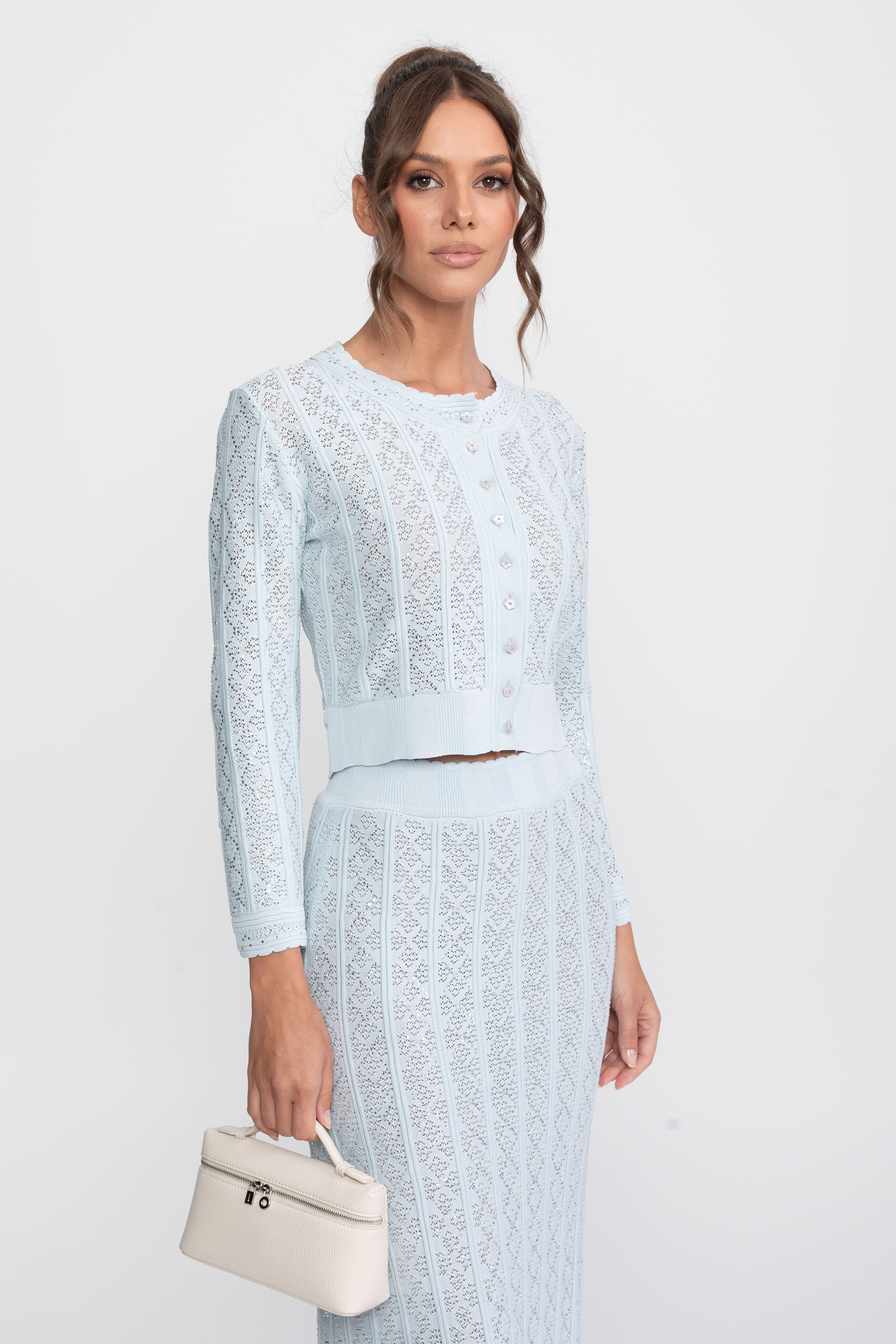 Ensemble coordonné en maille ajourée avec cardigan et jupe longue - Bleu clair