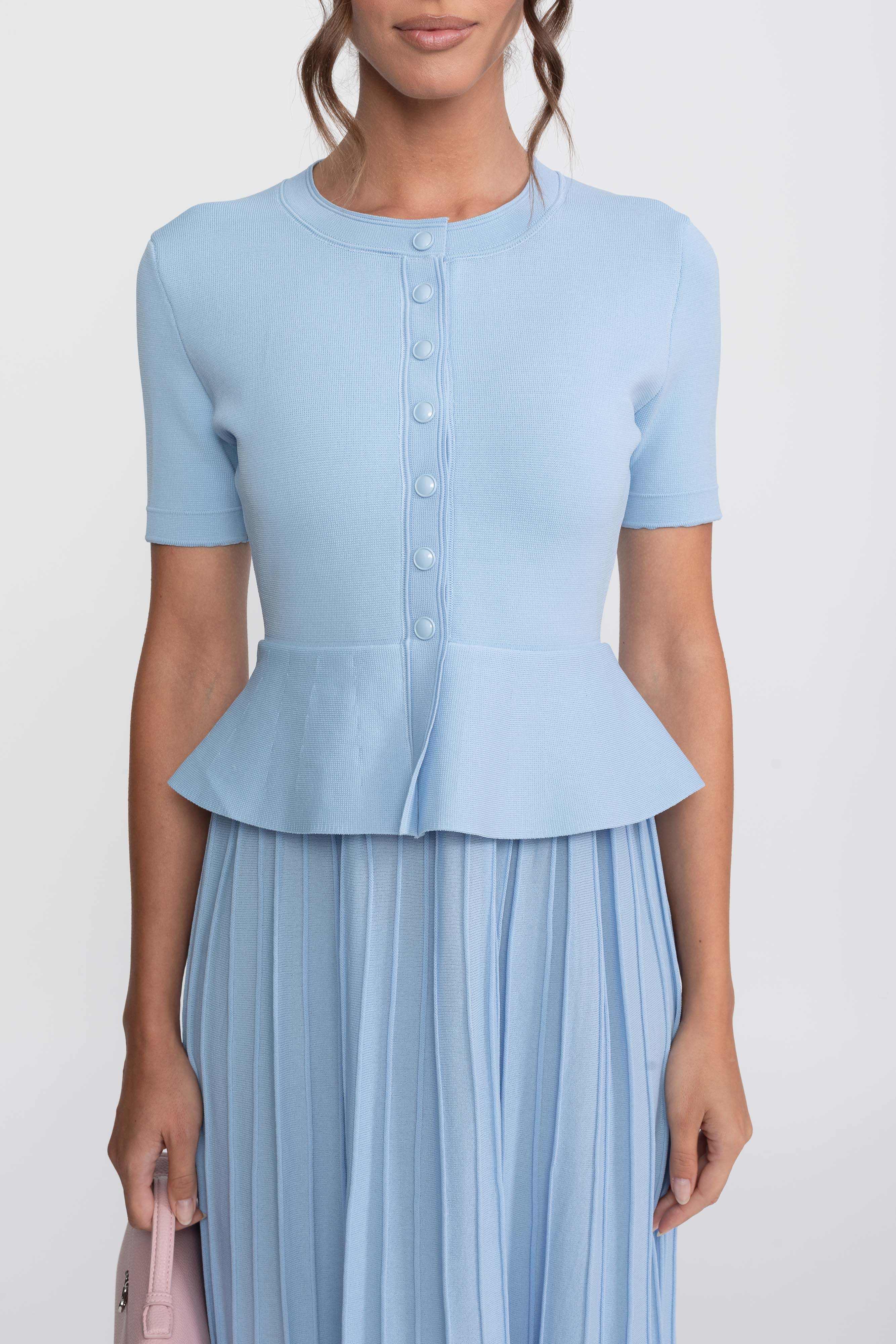 Peplum Knit Midi Dress With Button Front - Light Blue