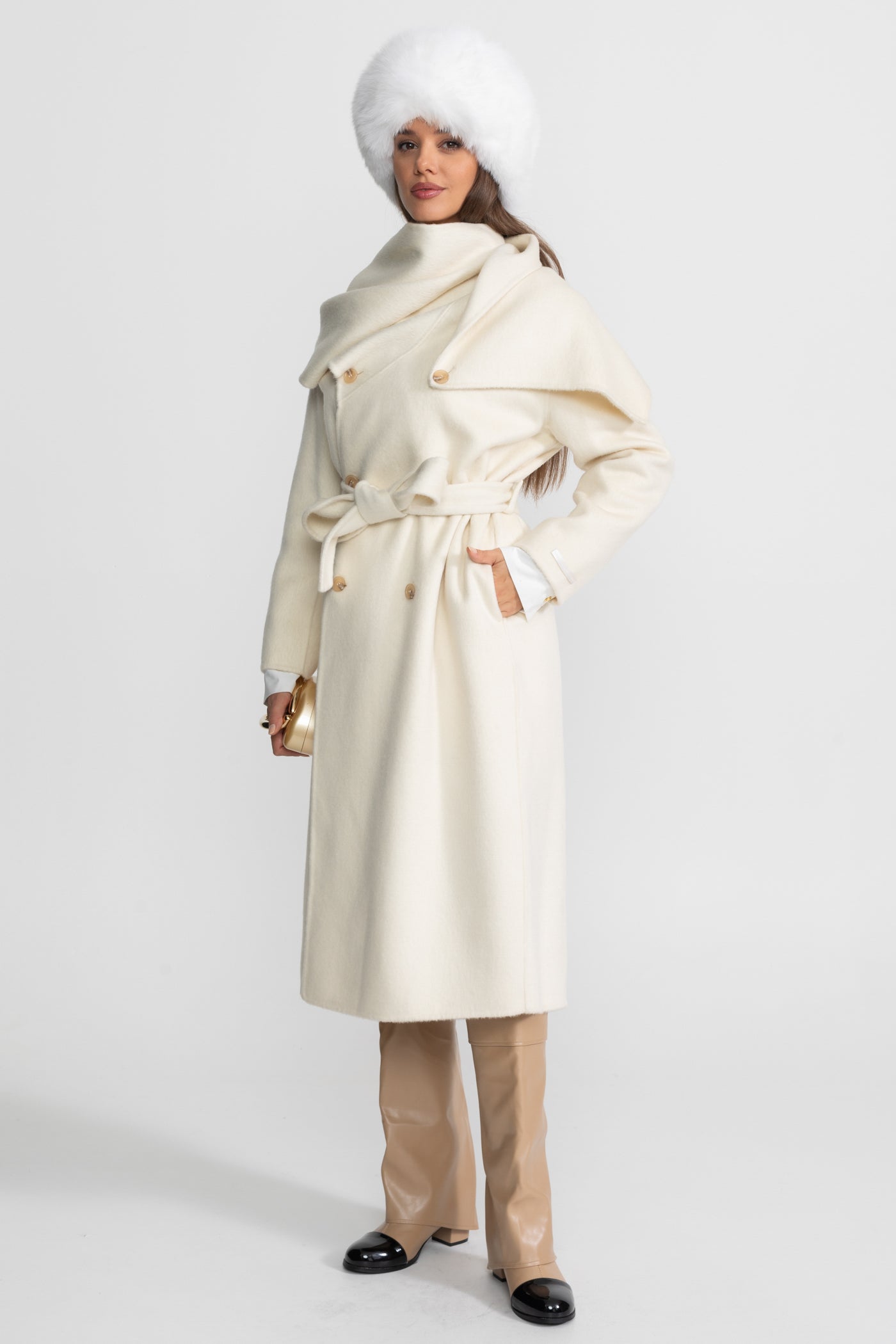 Manteau midi avec col châle oversize - Beige