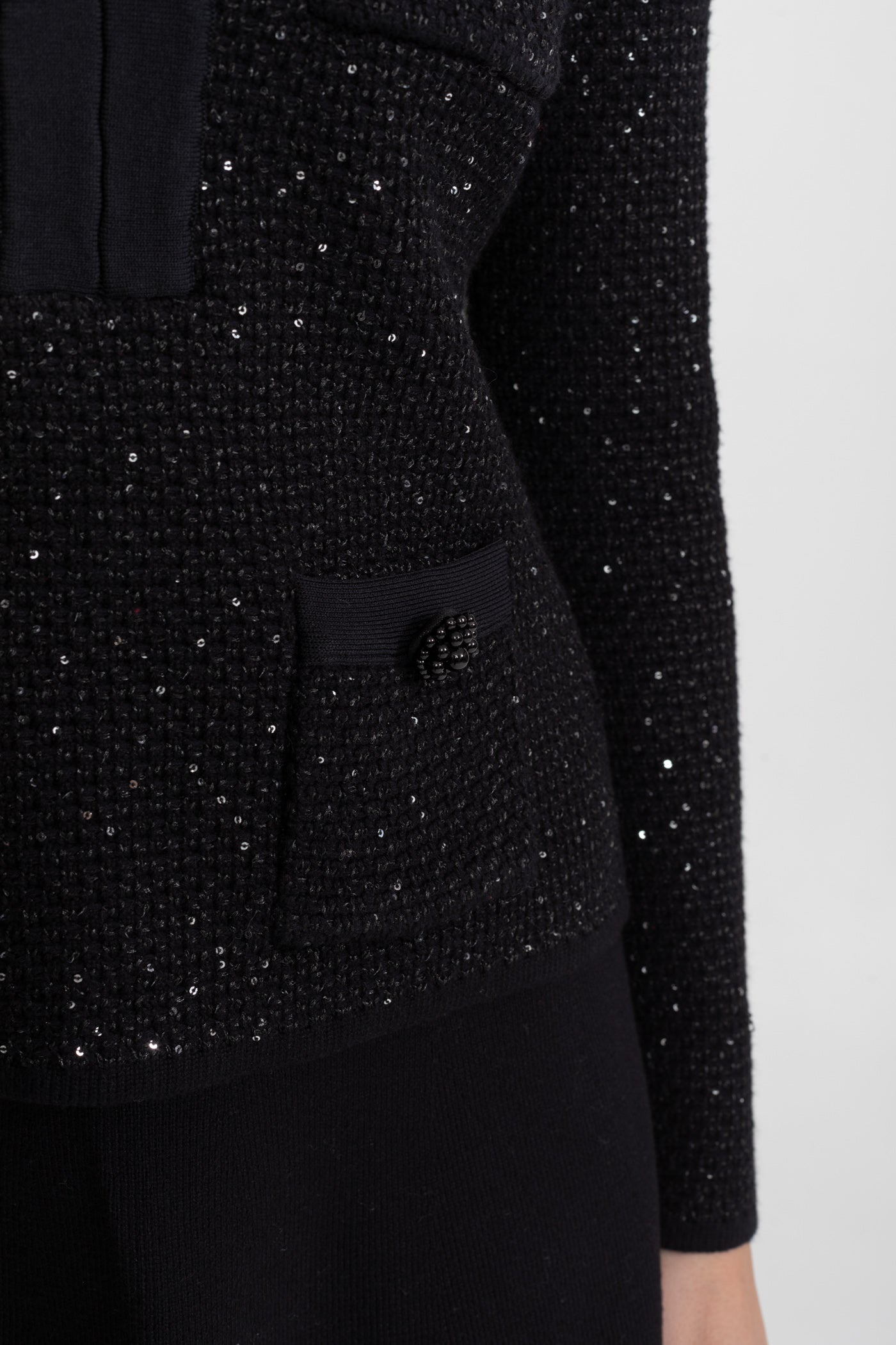 Embellished Tweed Co-Ord Set with Bow Closures And Mini Skirt – Black