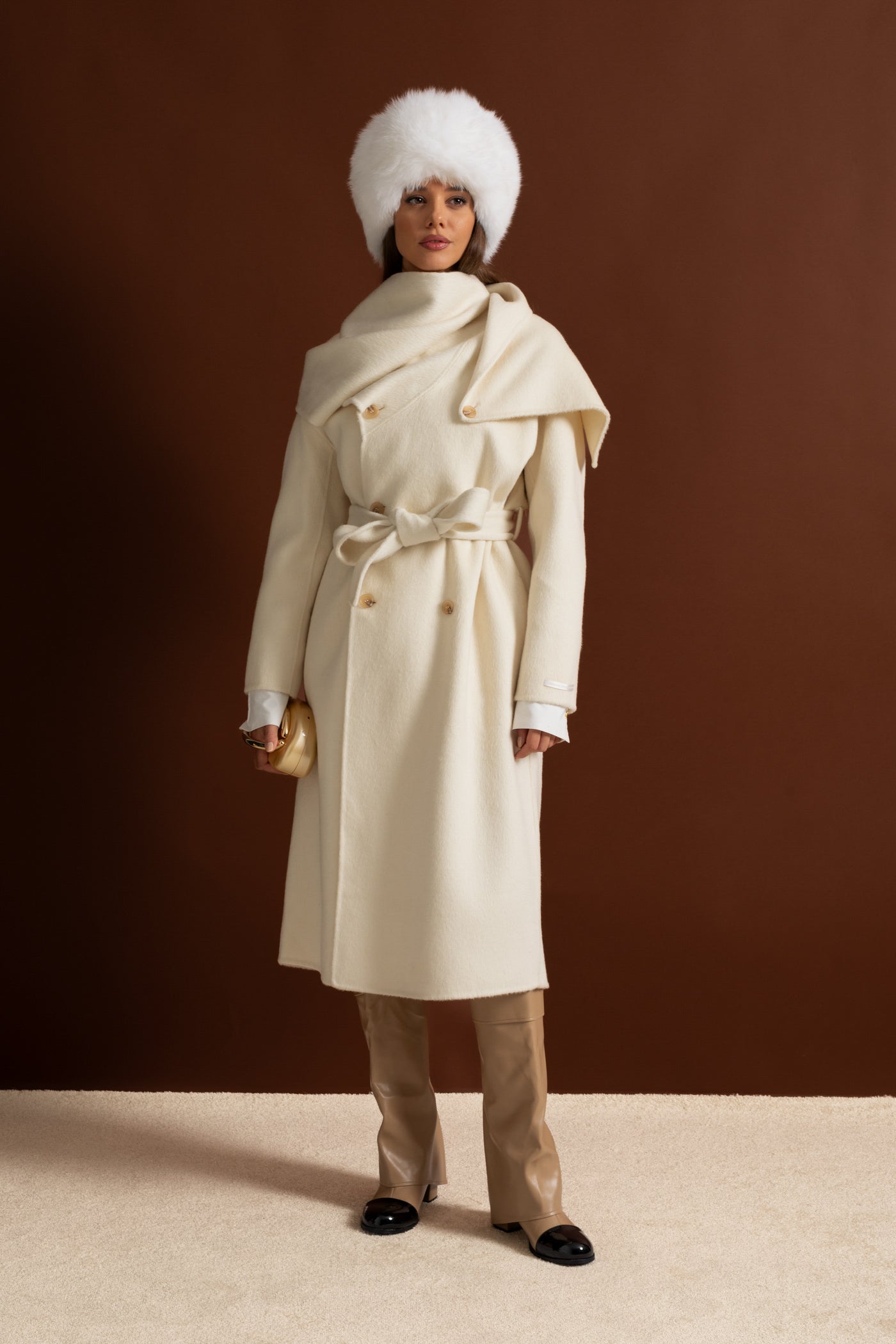 Manteau midi avec col châle oversize - Beige