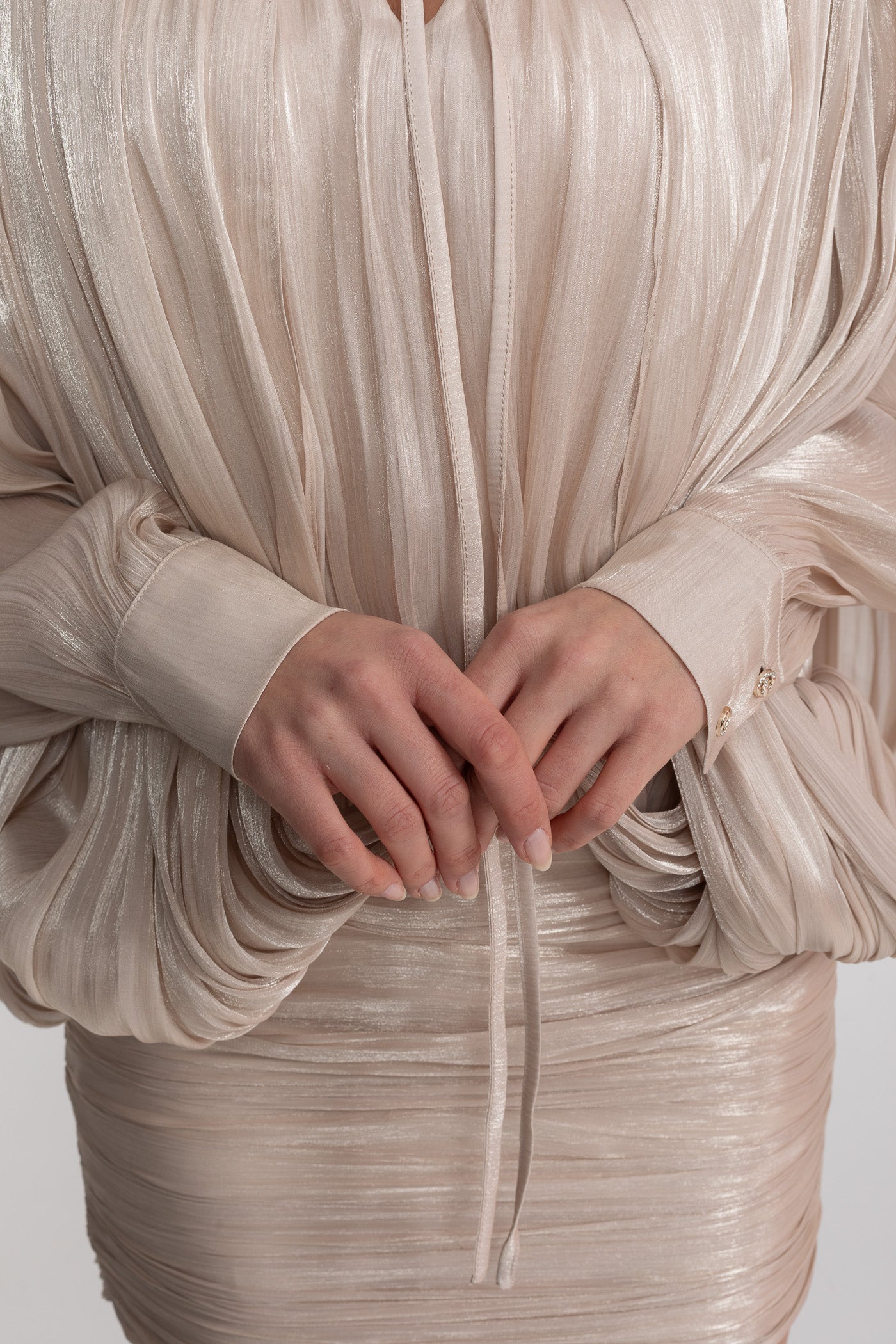 Robe Mini Drapée à Manches Longues avec Manches Chauve-Souris - Champagne