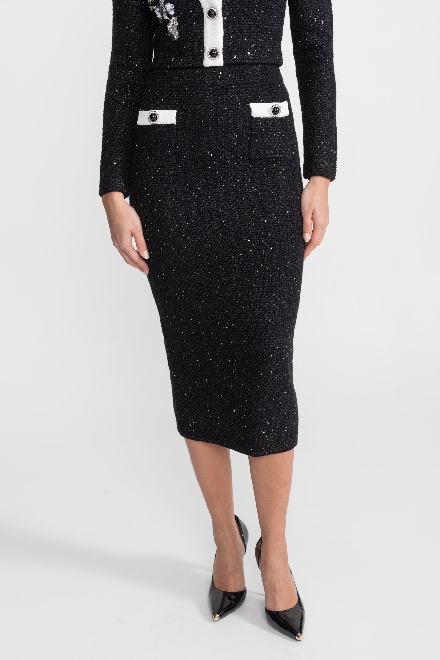 Ensemble coordonné en maille tweed brodée avec bordure contrastante – Noir