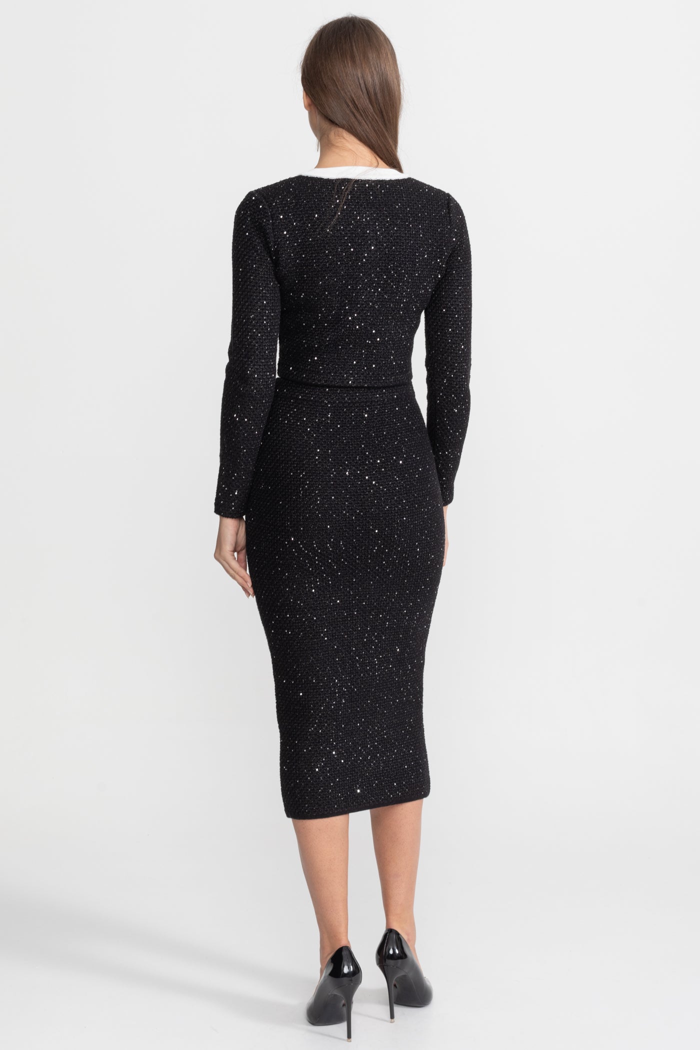 Ensemble coordonné en maille tweed brodée avec bordure contrastante – Noir