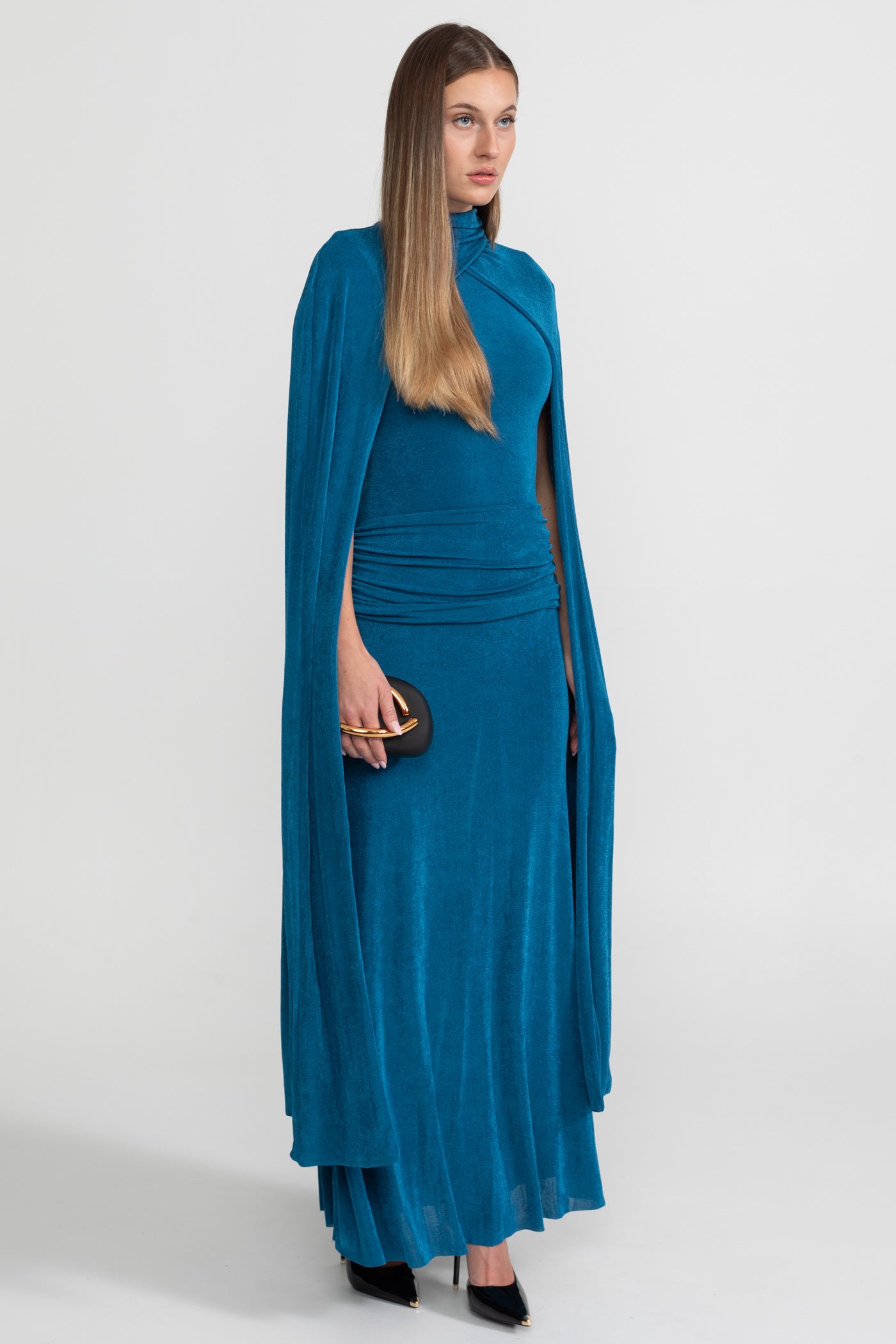 Elegant Cape Gown With High Neckline – Teal