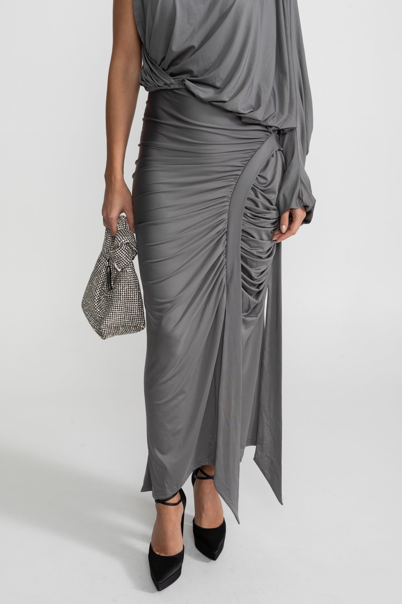 Draped Asymmetric Top and Ruched Maxi Skirt Co-Ord Set – Steel Grey
