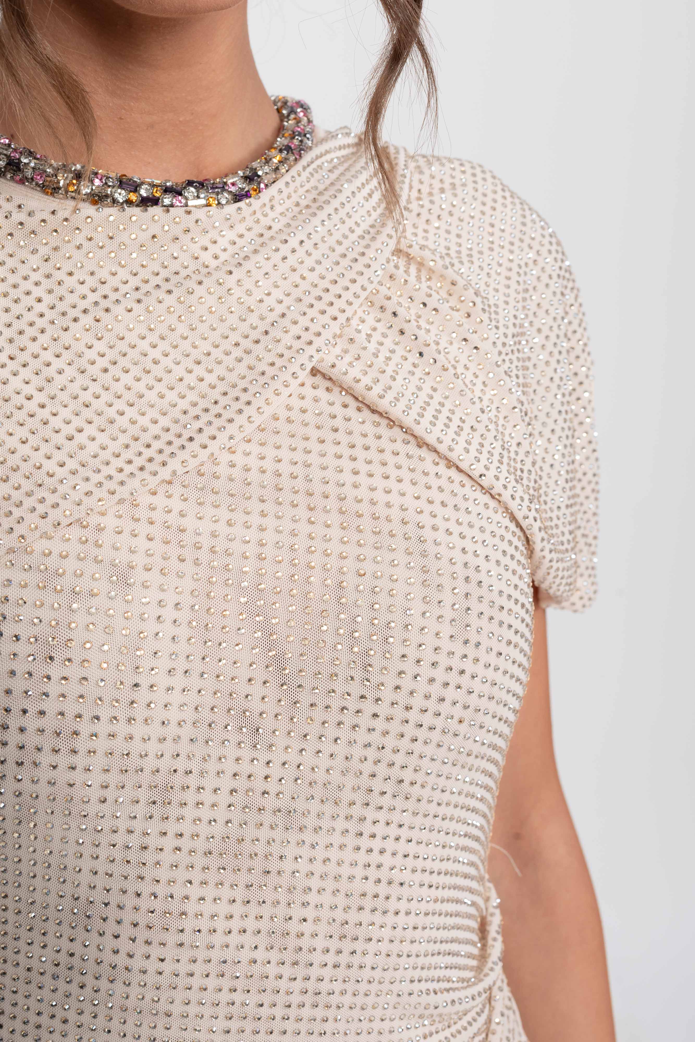 Robe colonne à sequins avec finition cristal et manches croisées - Champagne