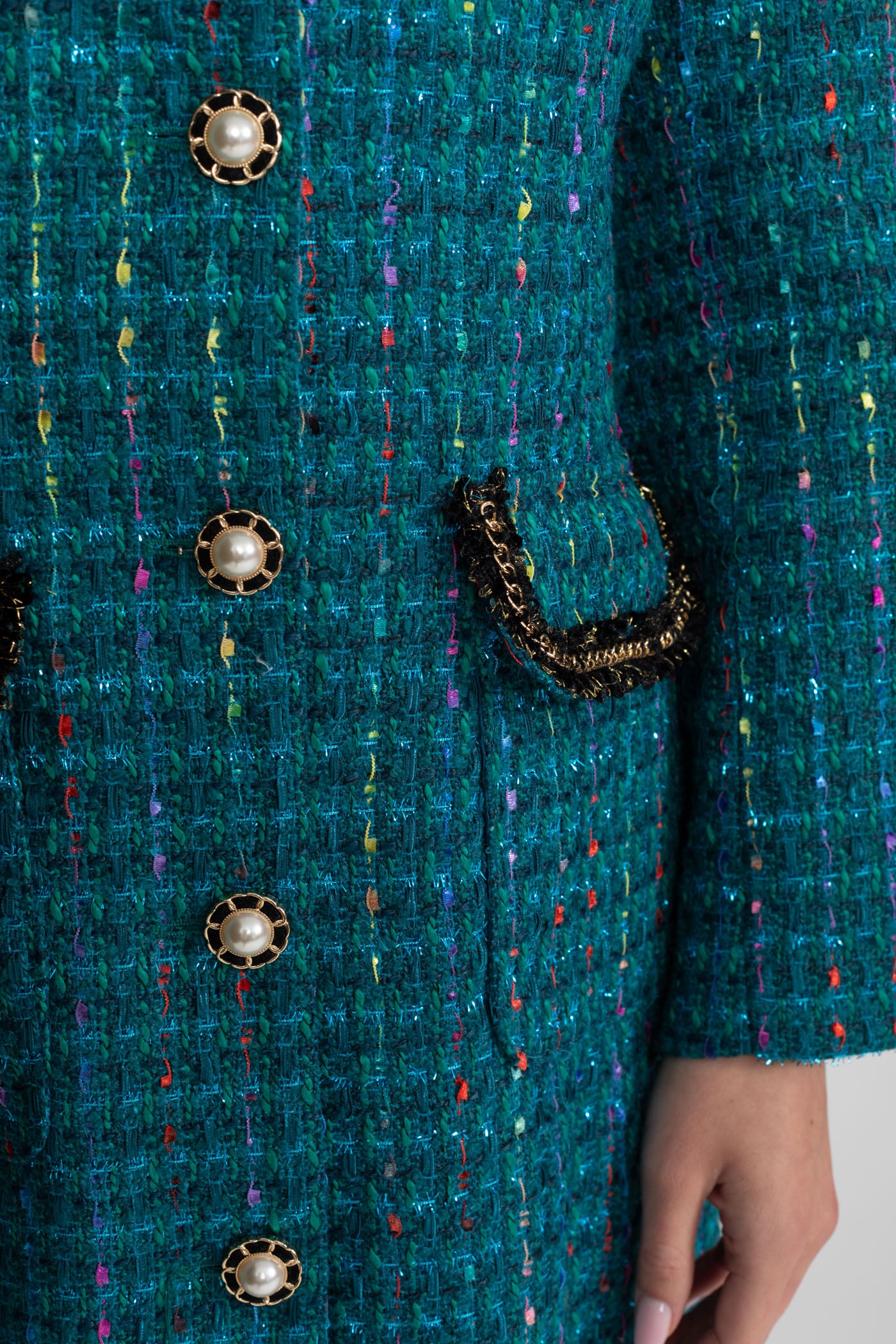 Embellished Tweed Midi Dress With Structured Shoulders – Teal