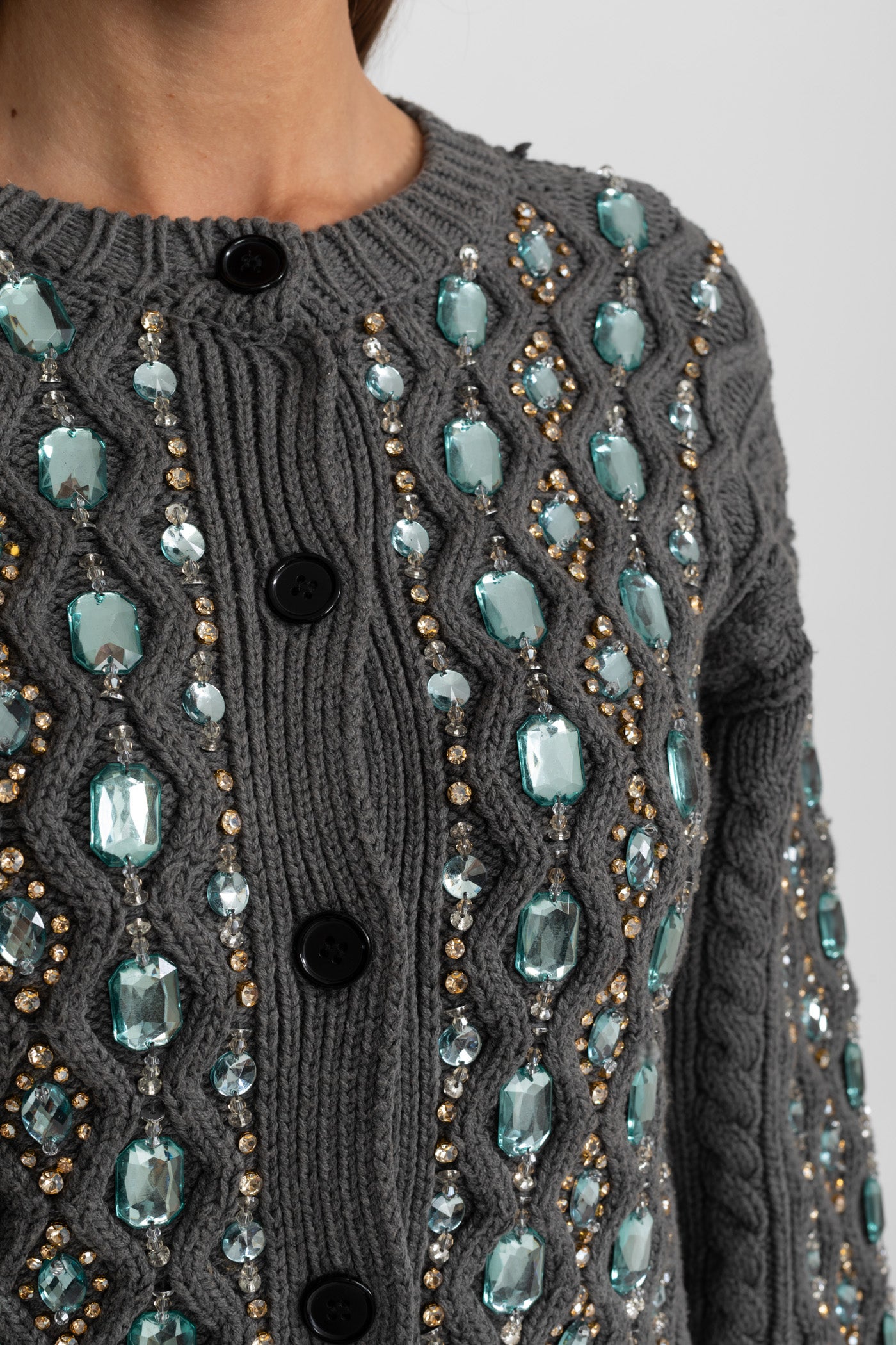 Embellished Cable Knit Cardigan With Gem Detailing – Charcoal Grey