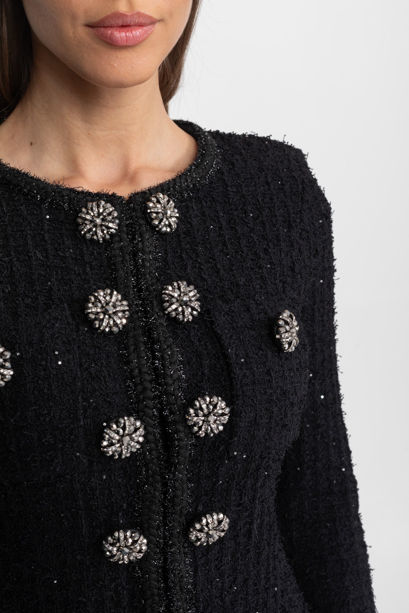 Textured Tweed Midi Dress with Crystal Button Detail – Black