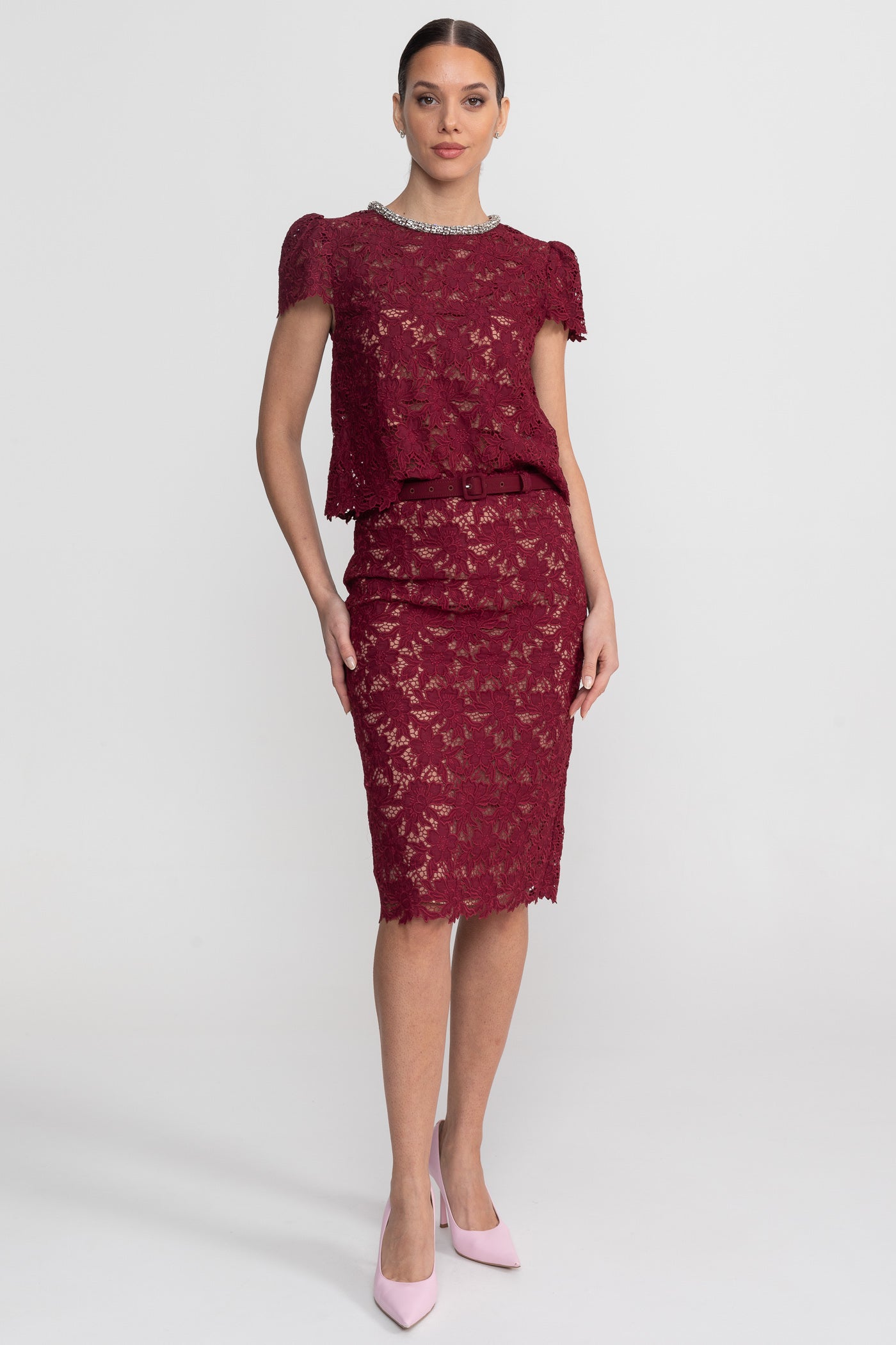 Lace Co-Ord Set With Short Sleeve Top And Crystal Embellished Neckline - Burgundy