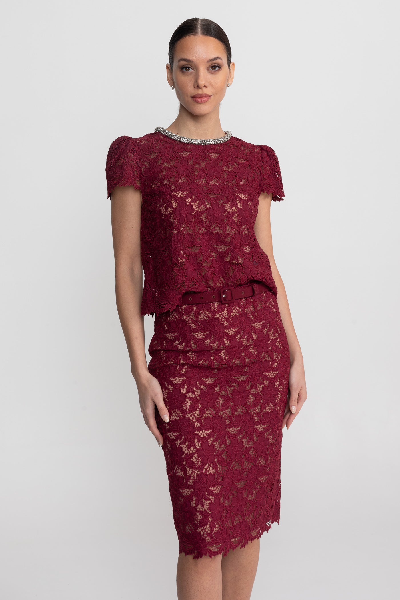 Lace Co-Ord Set With Short Sleeve Top And Crystal Embellished Neckline - Burgundy
