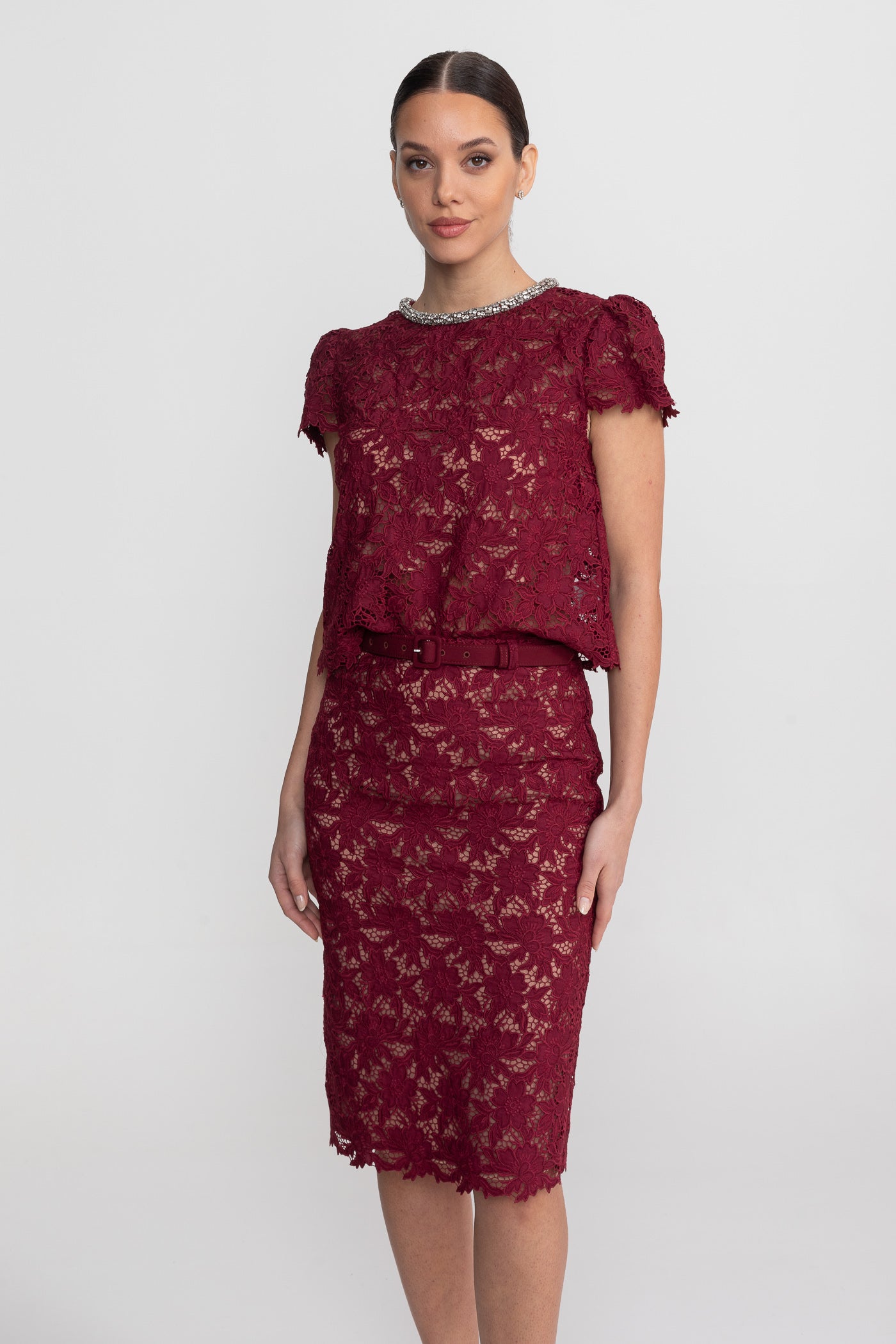 Lace Co-Ord Set With Short Sleeve Top And Crystal Embellished Neckline - Burgundy