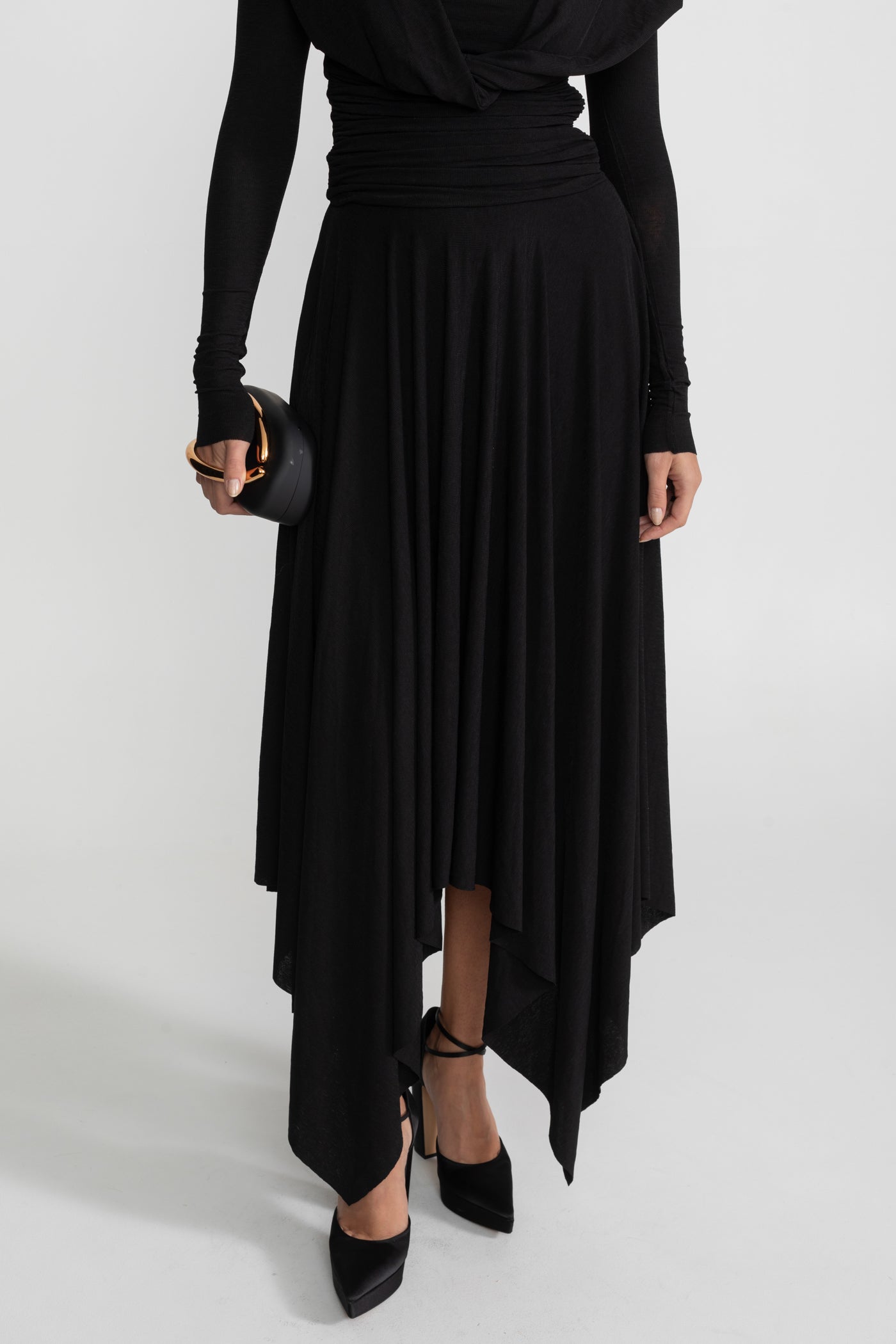 Draped Long-Sleeve Asymmetric Midi Dress – Black