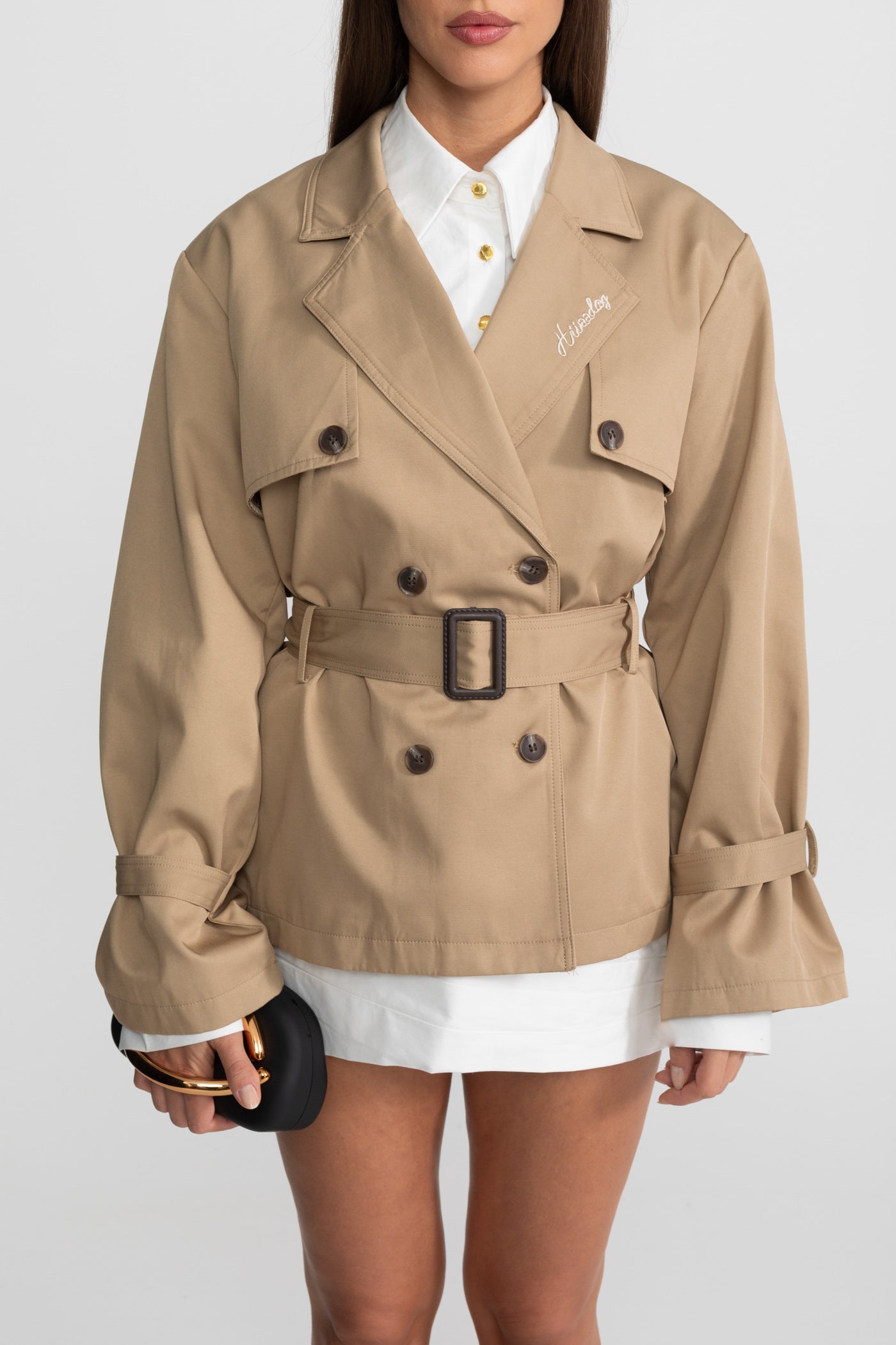 Veste Trench Cropped Croisée à Taille Ceinturée – Camel