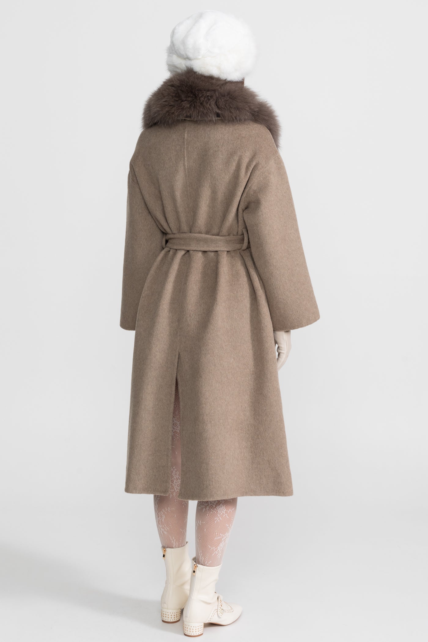 Manteau en laine avec col en fourrure de renard et ceinture à nouer – Kaki