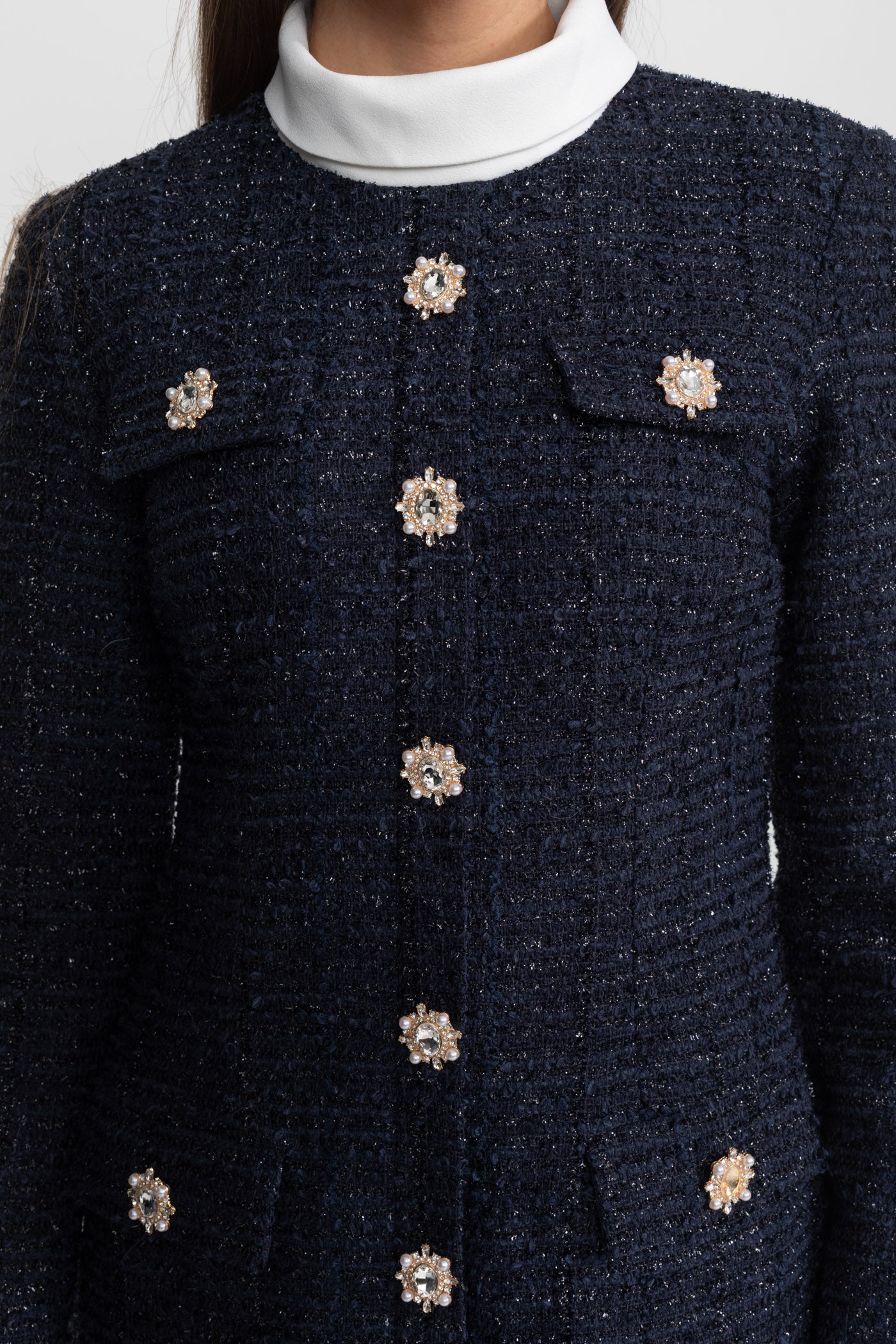 Robe Mini en Tweed Texturé avec Ornements de Boutons en Cristal – Navy