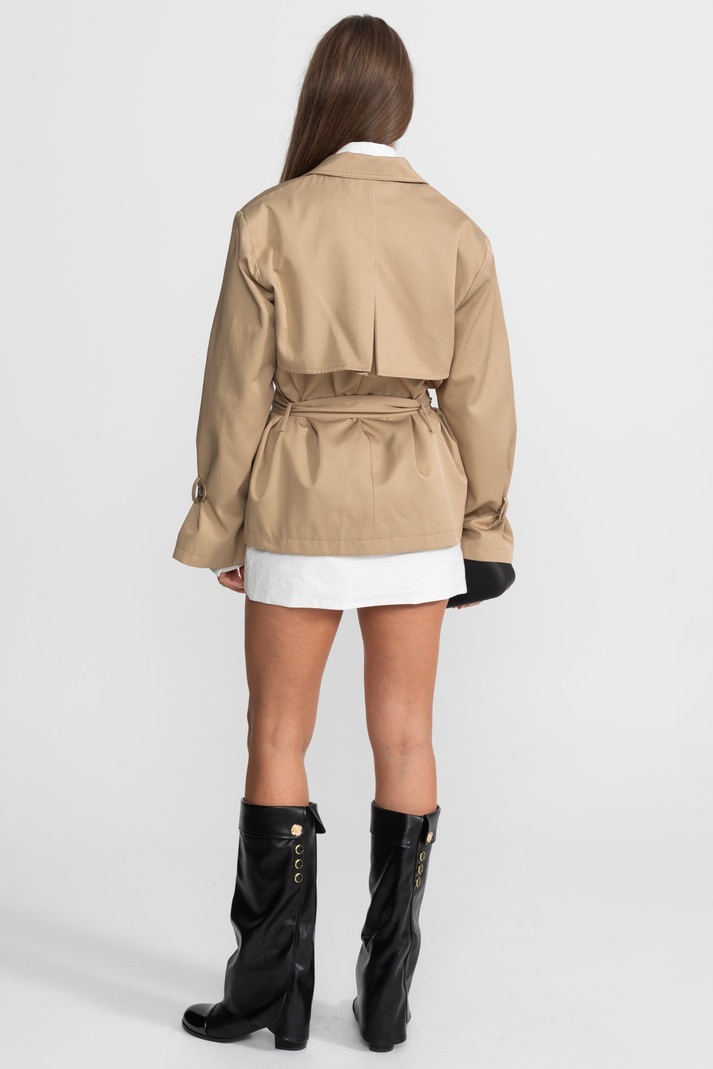 Veste Trench Cropped Croisée à Taille Ceinturée – Camel