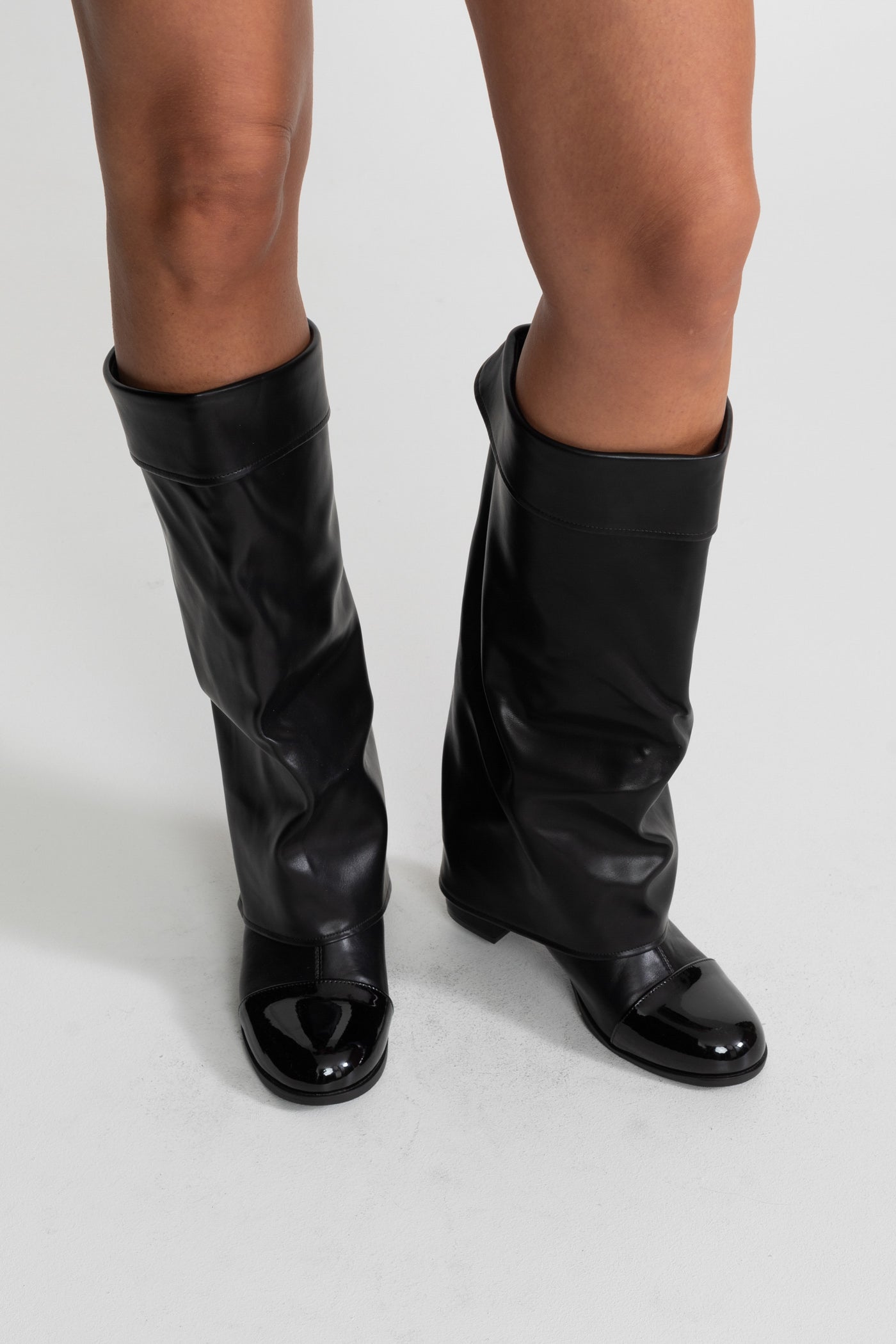 Folded Knee-High Boots With Patent Cap Toe – Black