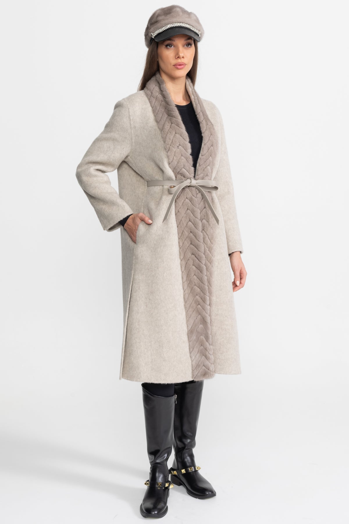 Wool & Alpaca Coat with Textured Mink Fur Collar – Beige