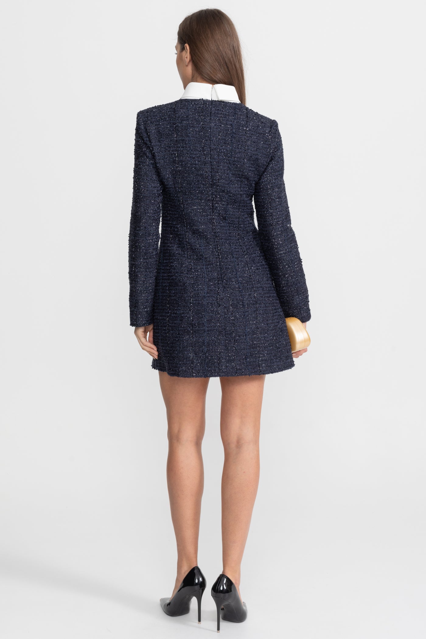 Robe Mini en Tweed Texturé avec Ornements de Boutons en Cristal – Navy