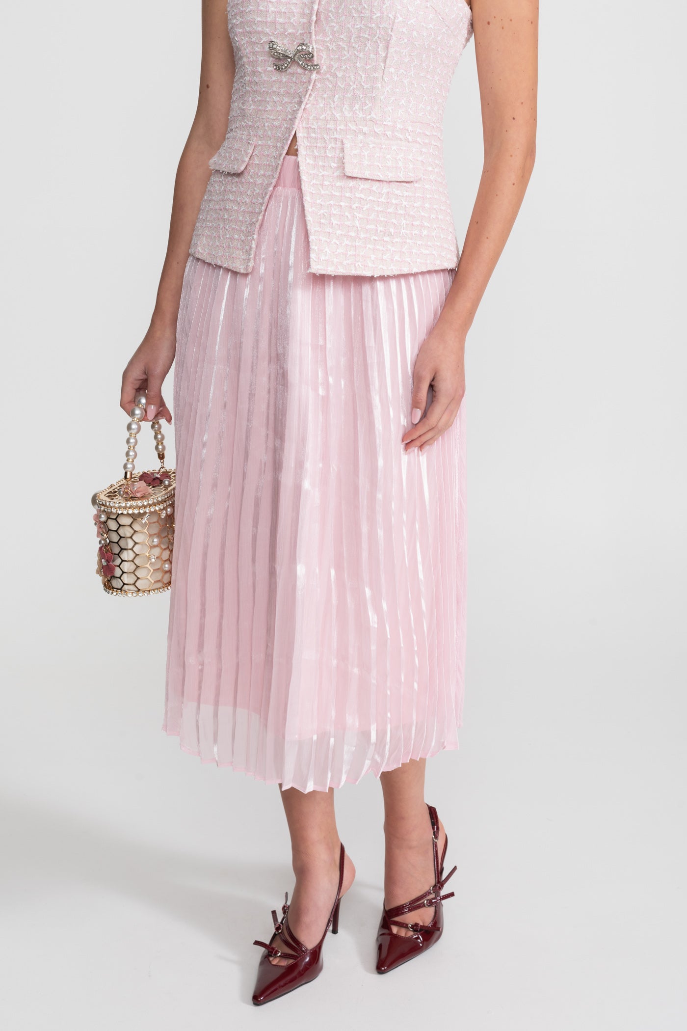 Ensemble coordonné en tweed et organza avec boutons en cristal en forme de nœud - Rose